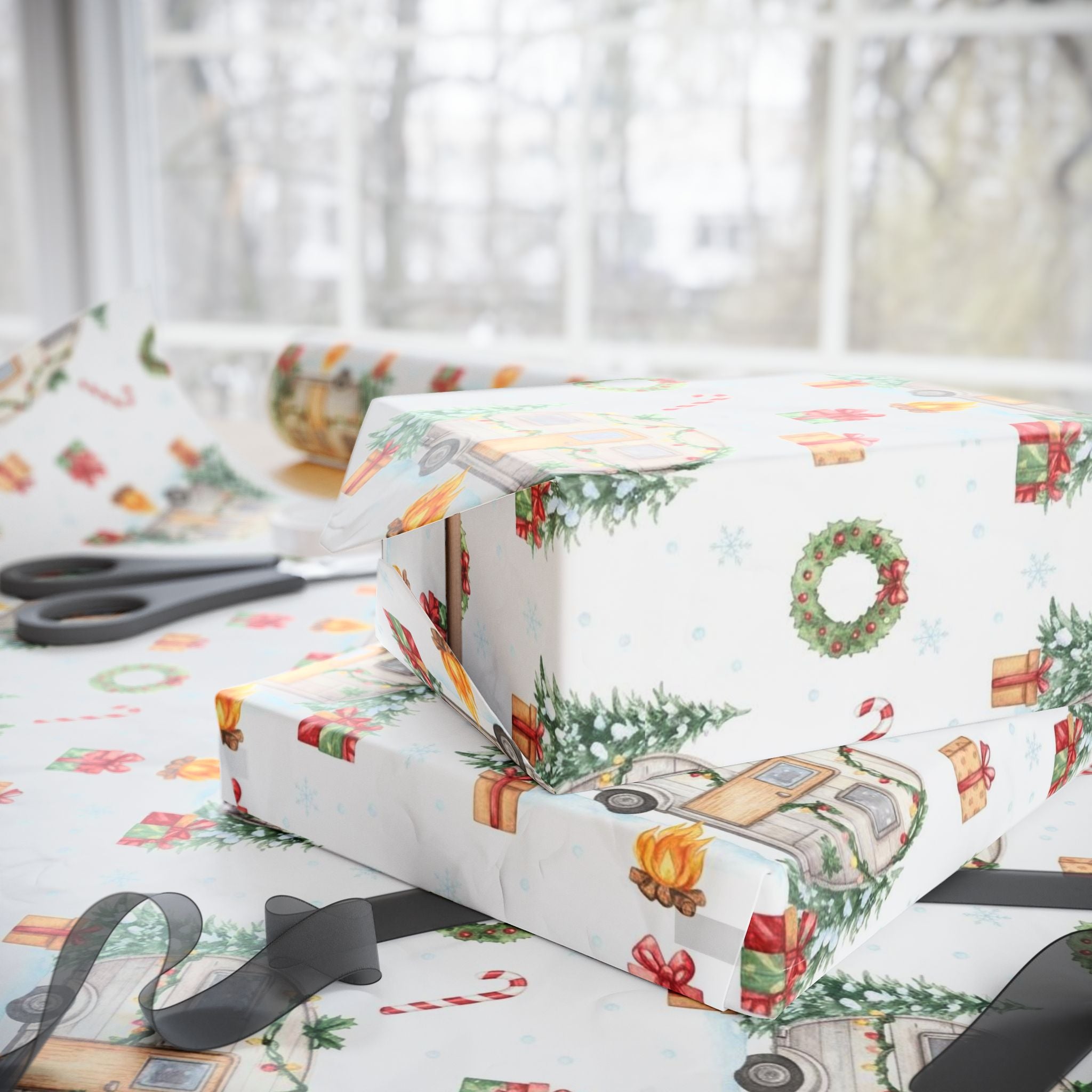 Vintage Christmas Camper Wrapping Paper  Retro Holiday Gift Wrap, Festive Trailer Christmas Paper