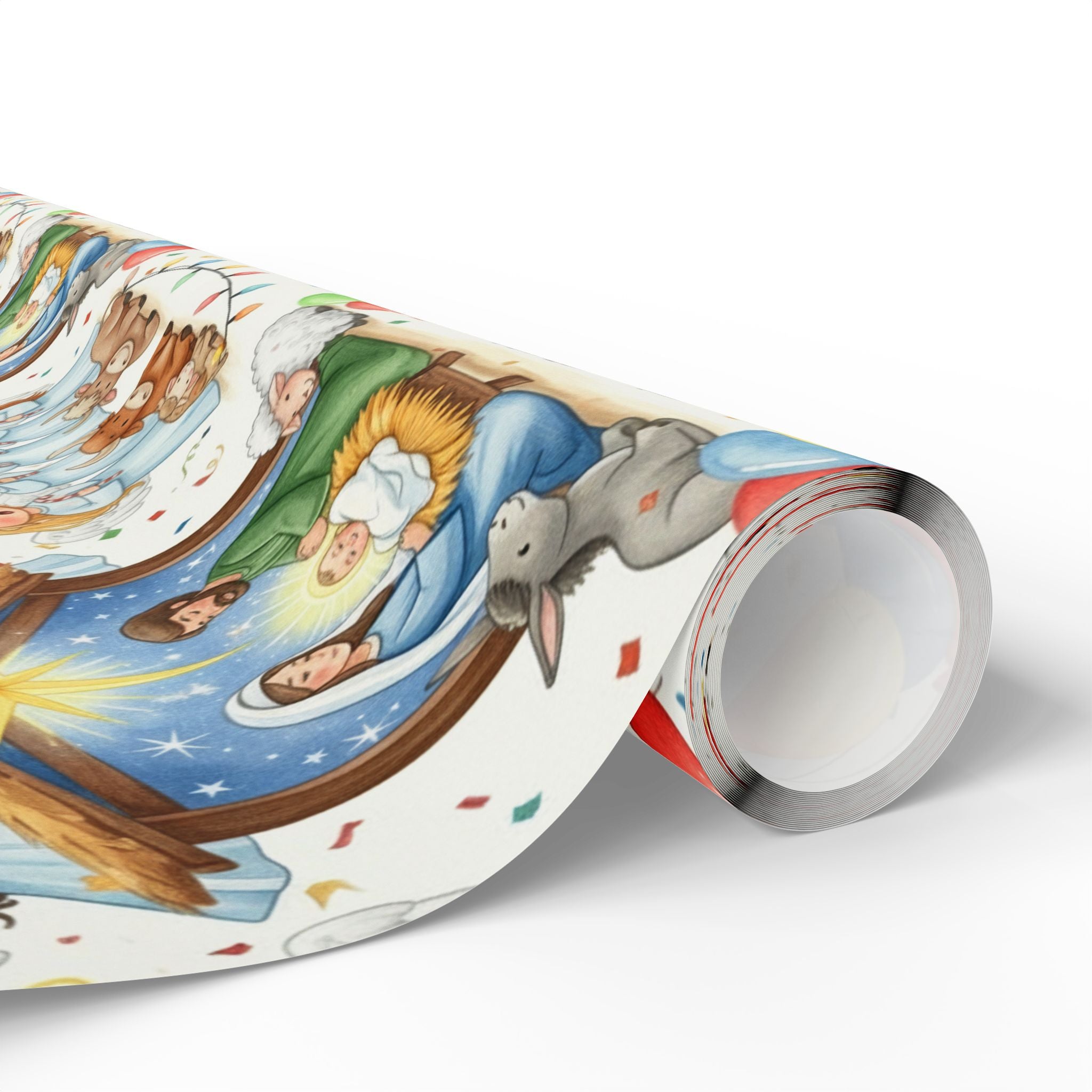 Christian Christmas Wrapping Paper featuring Baby Jesus in the Manger with Angels Singing and Birthday Hats Celebration