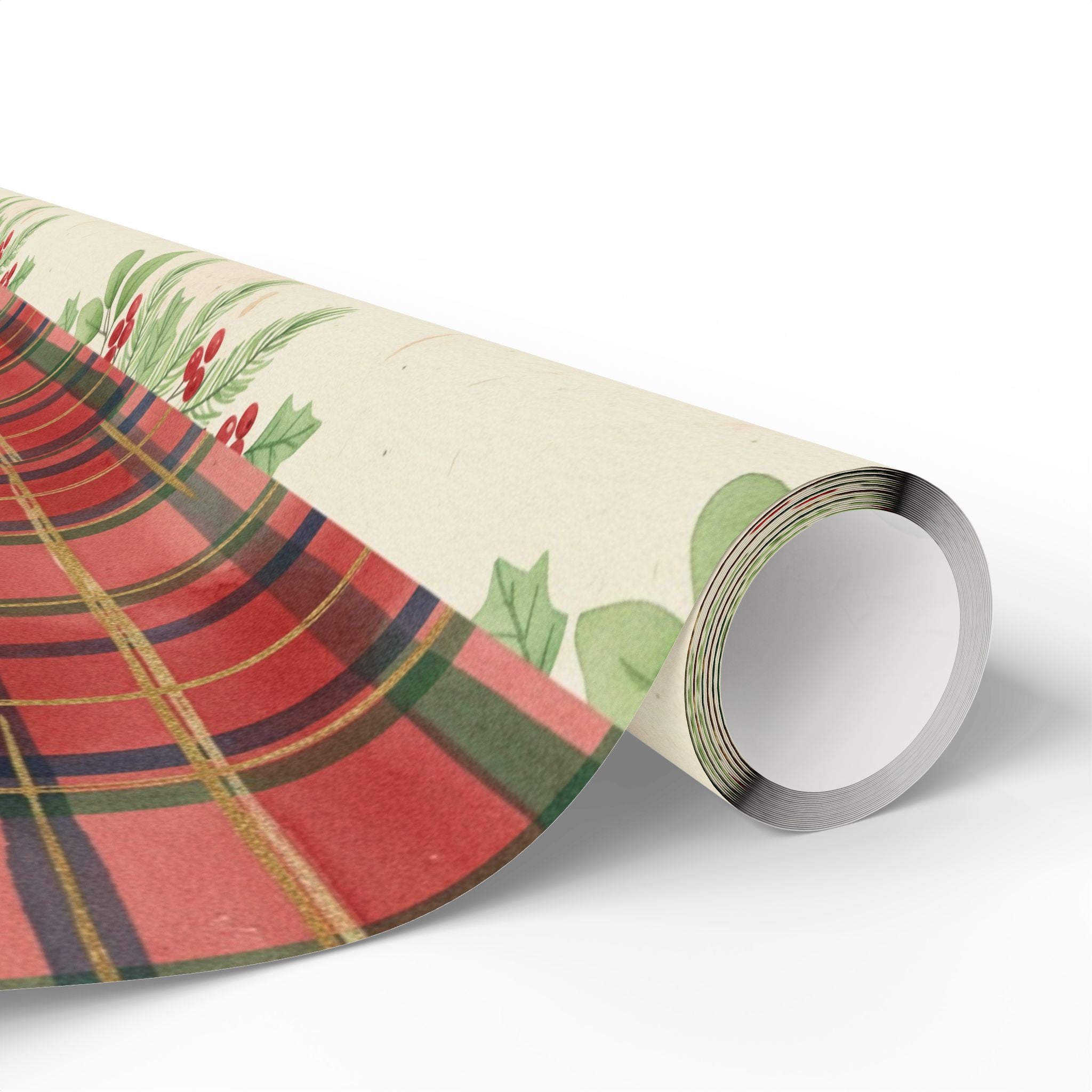 Red Tartan Plaid with Holly Wrapping Paper | Holiday Gift Wrap