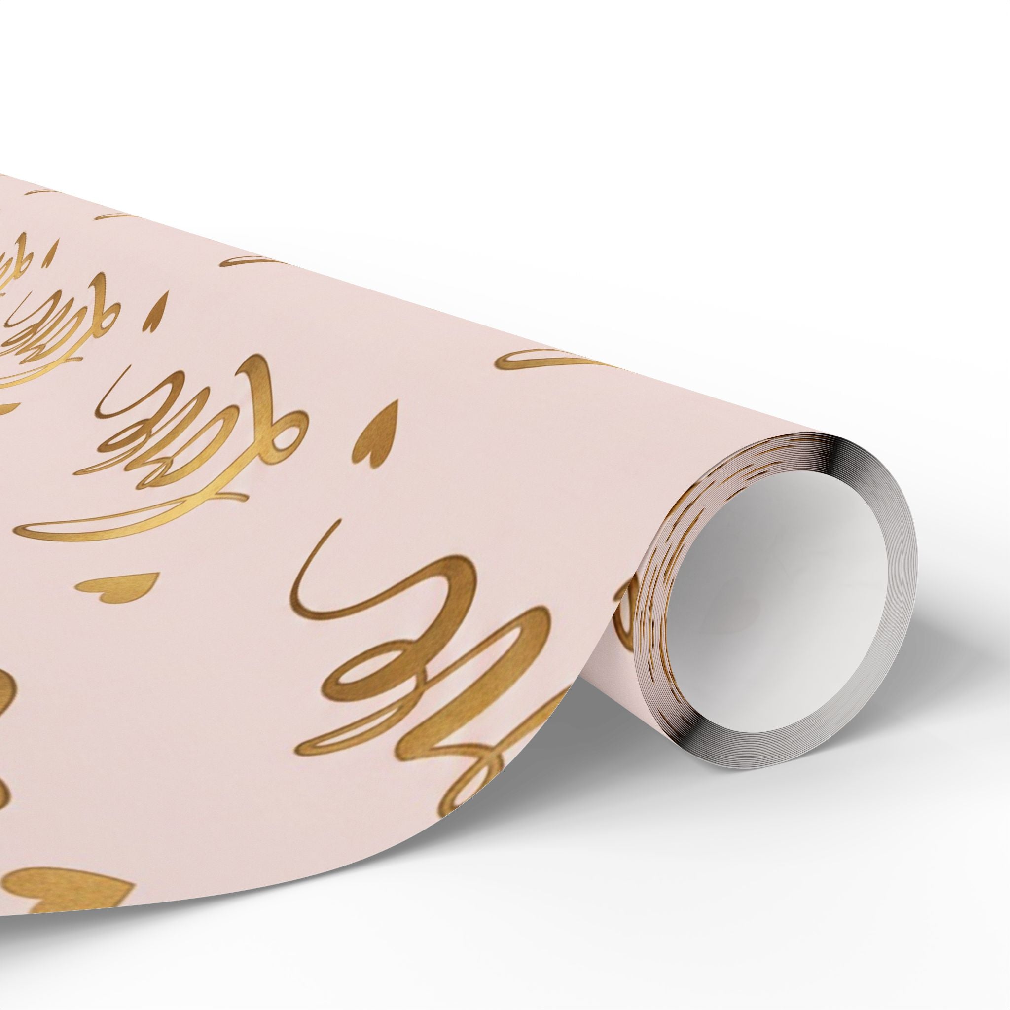 Gold Script "Love" Pattern Wrapping Papers | Pink Metallic Hearts