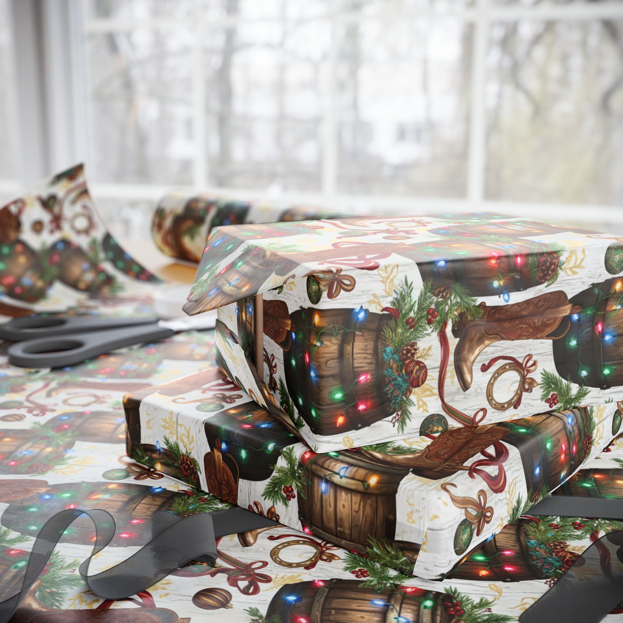 Cowboy Boots Christmas Wrapping Papers, Country Western Holiday Gift Wrap, Rustic Party Supplies, Unique Festive Packaging, Colorful Lights