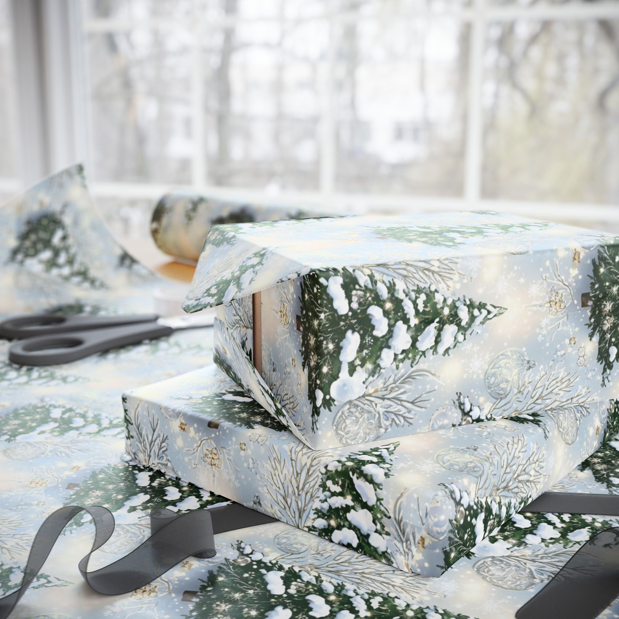 Wrapping Papers, Elegant Winter Wonderland Christmas Trees Gift Wrap, Snowy Holiday Ornaments, Frosted Pines, Festive Present Packaging,
