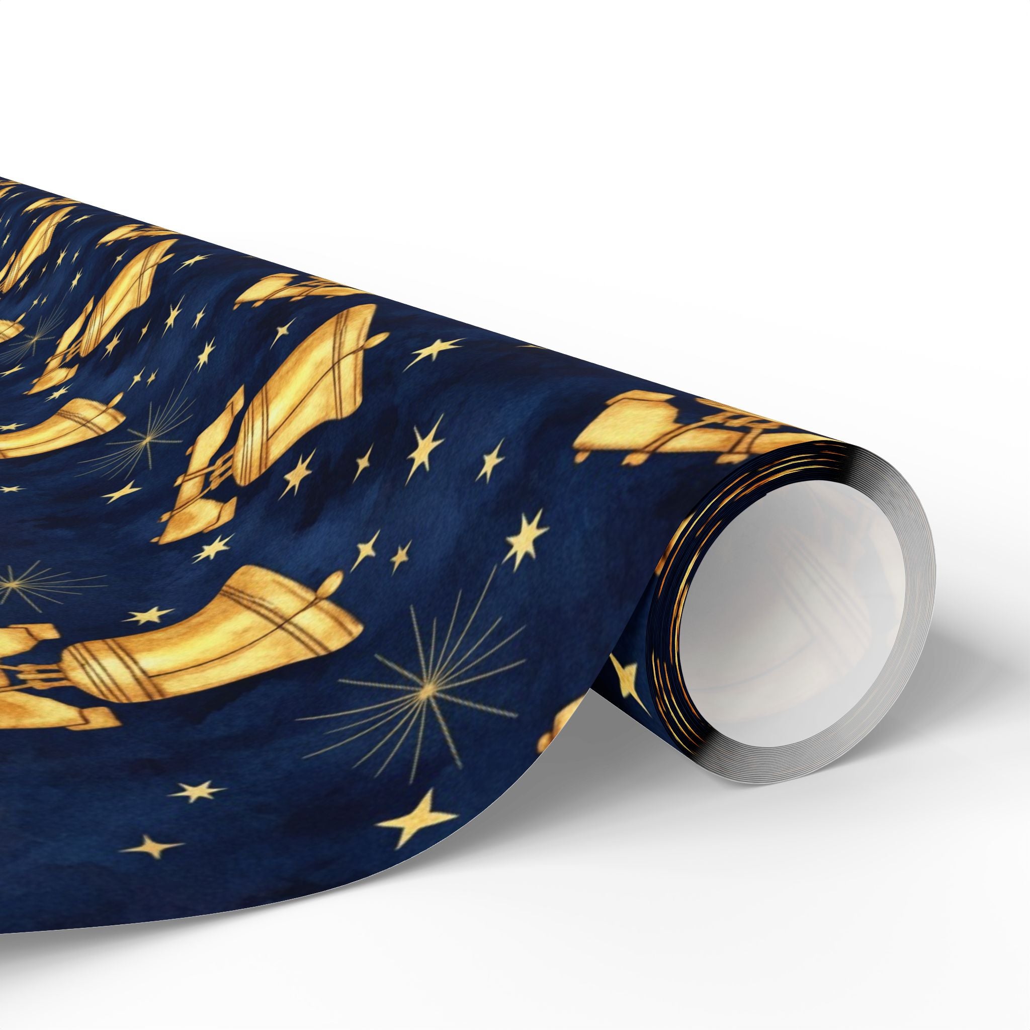 Golden Bells Pattern Wrapping Paper | Holiday Christmas Navy Star