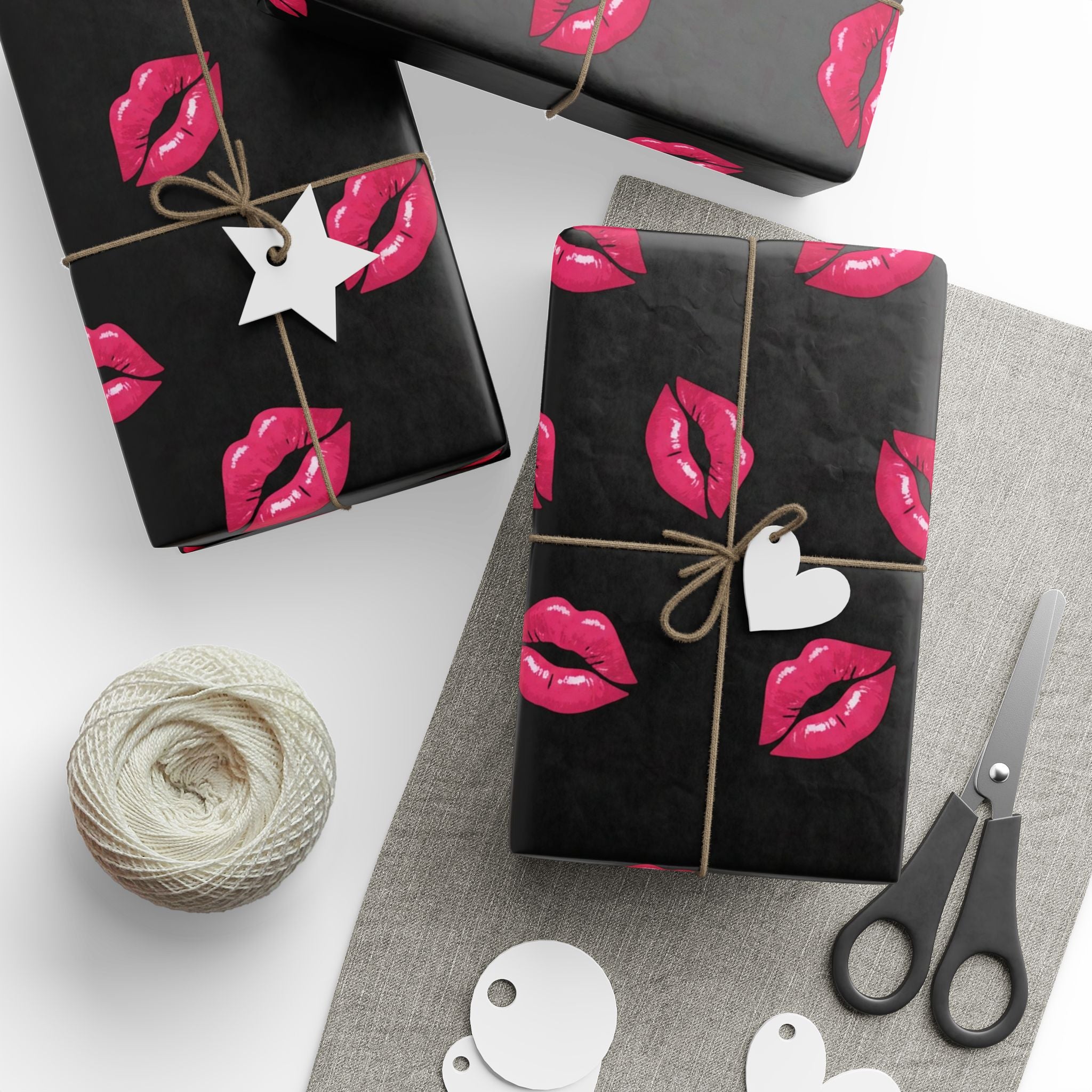Pink Kiss Lips pattern Wrapping Paper | Black lipstick print