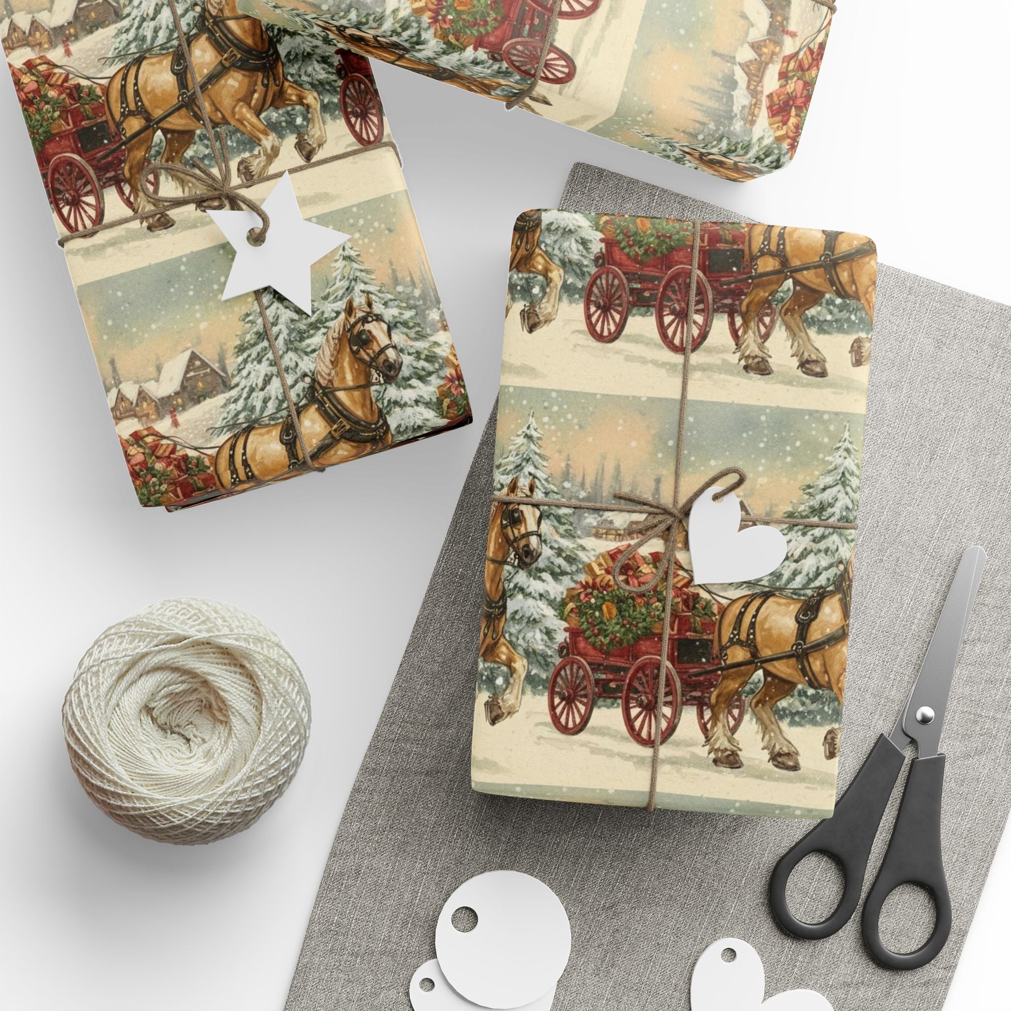 Vintage Clydesdale Horses Christmas Wrapping Paper | Winter Farm Scene Gift Wrap | Rustic Holiday Horse Wagon