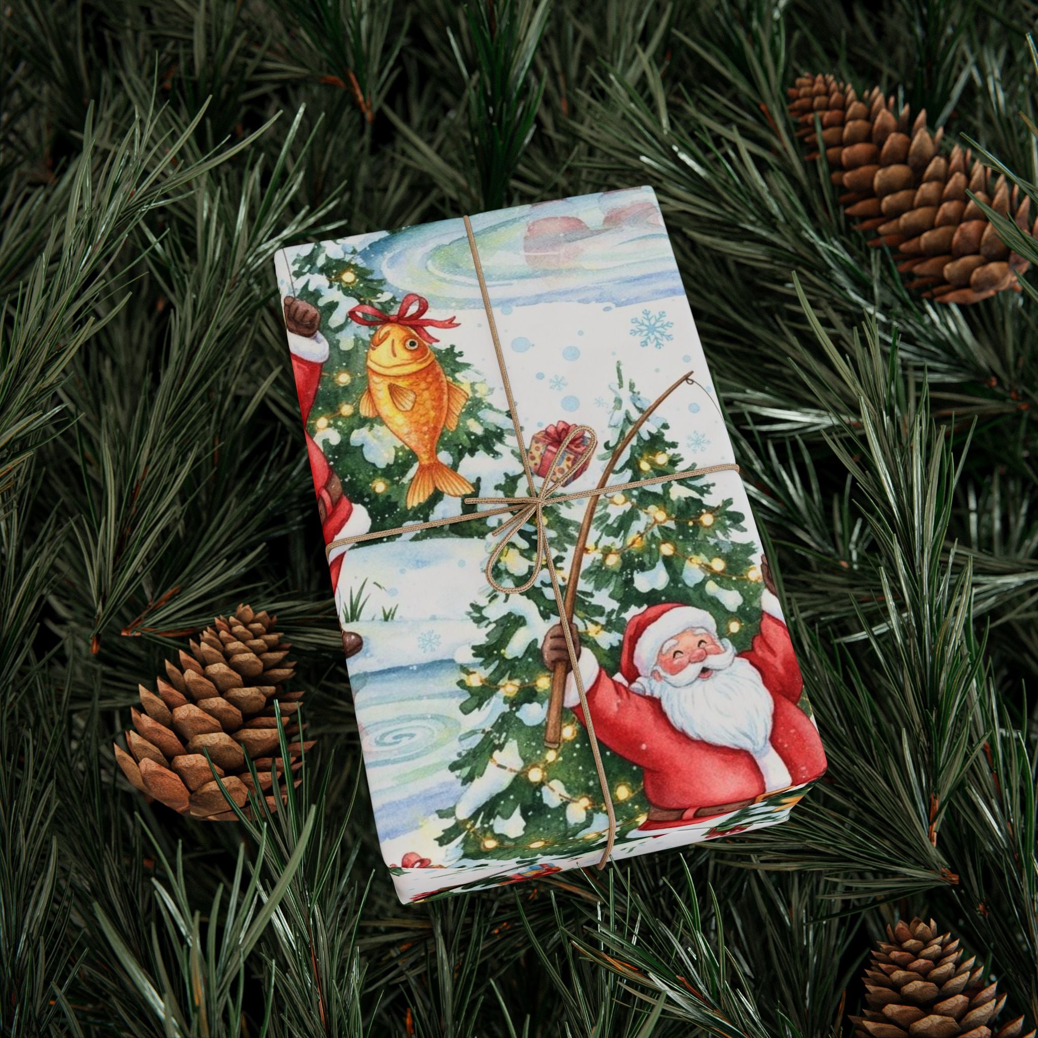 Santa Fishing Wrapping Paper | Funny Christmas Gift Wrap | Holiday Paper for Fishermen | Santa Catching Fish | Outdoor Xmas Gift Wrap