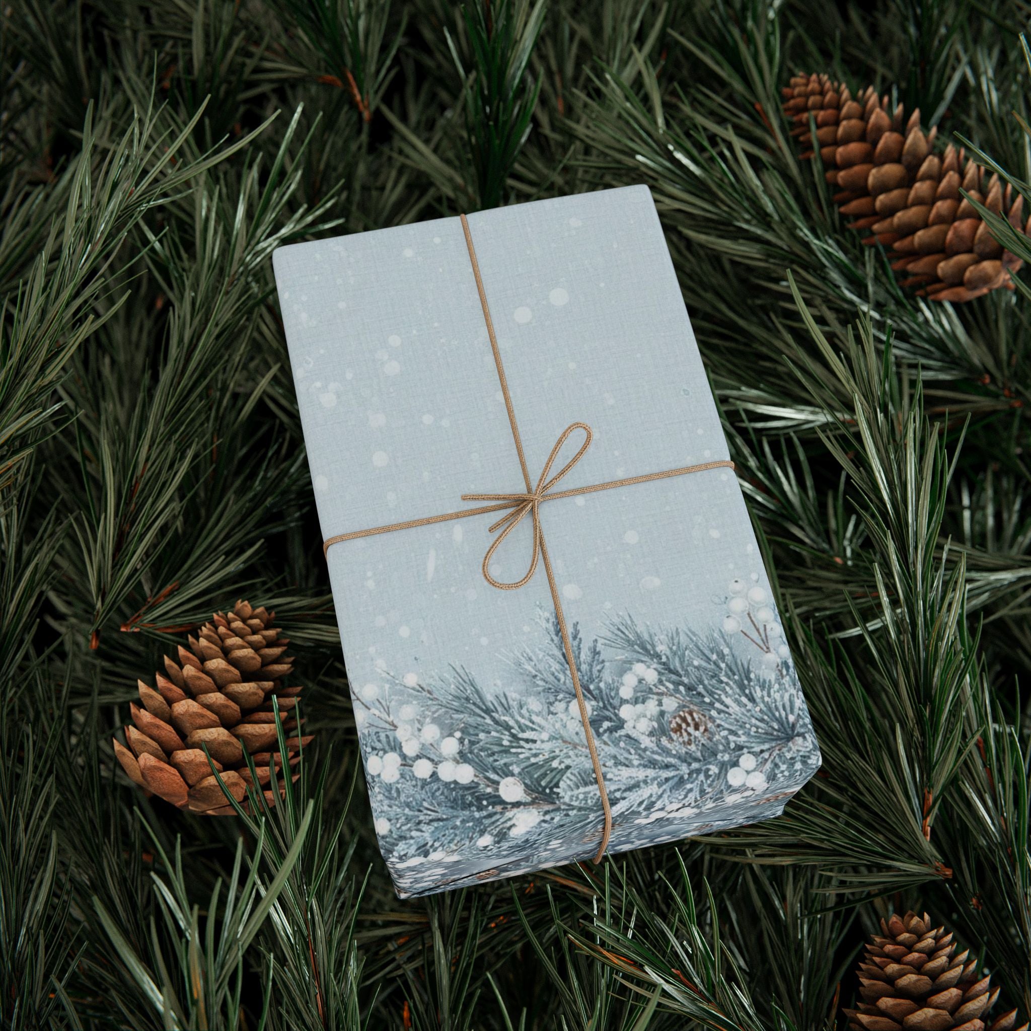 Winter Pine Cones Wrapping Papers | Blue Snowy Evergreen Pattern