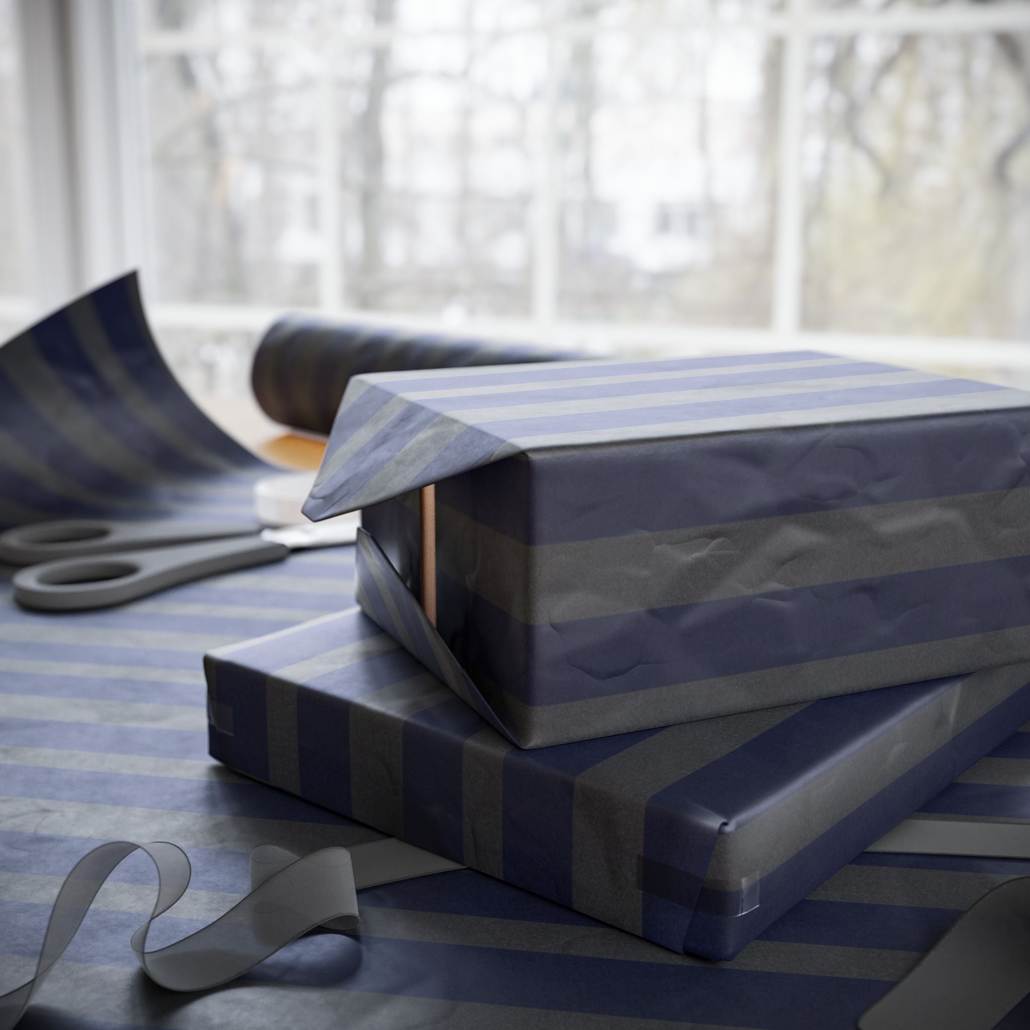 Navy and Charcoal Vertical Stripe Wrapping Paper | Matte Gift Wrap