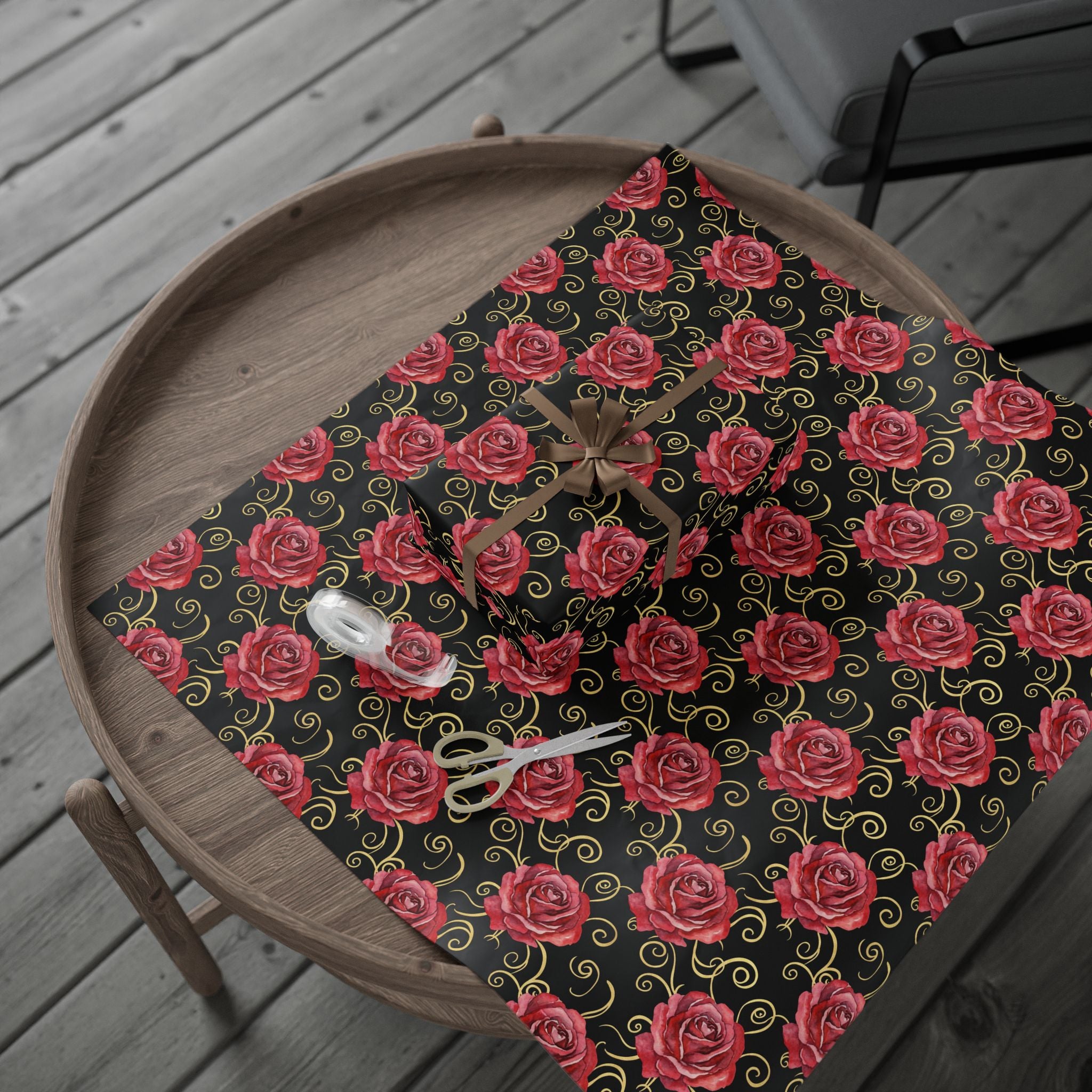 Red Rose Swirl Wrapping Paper | Floral Gift Wrap, Black & Gold