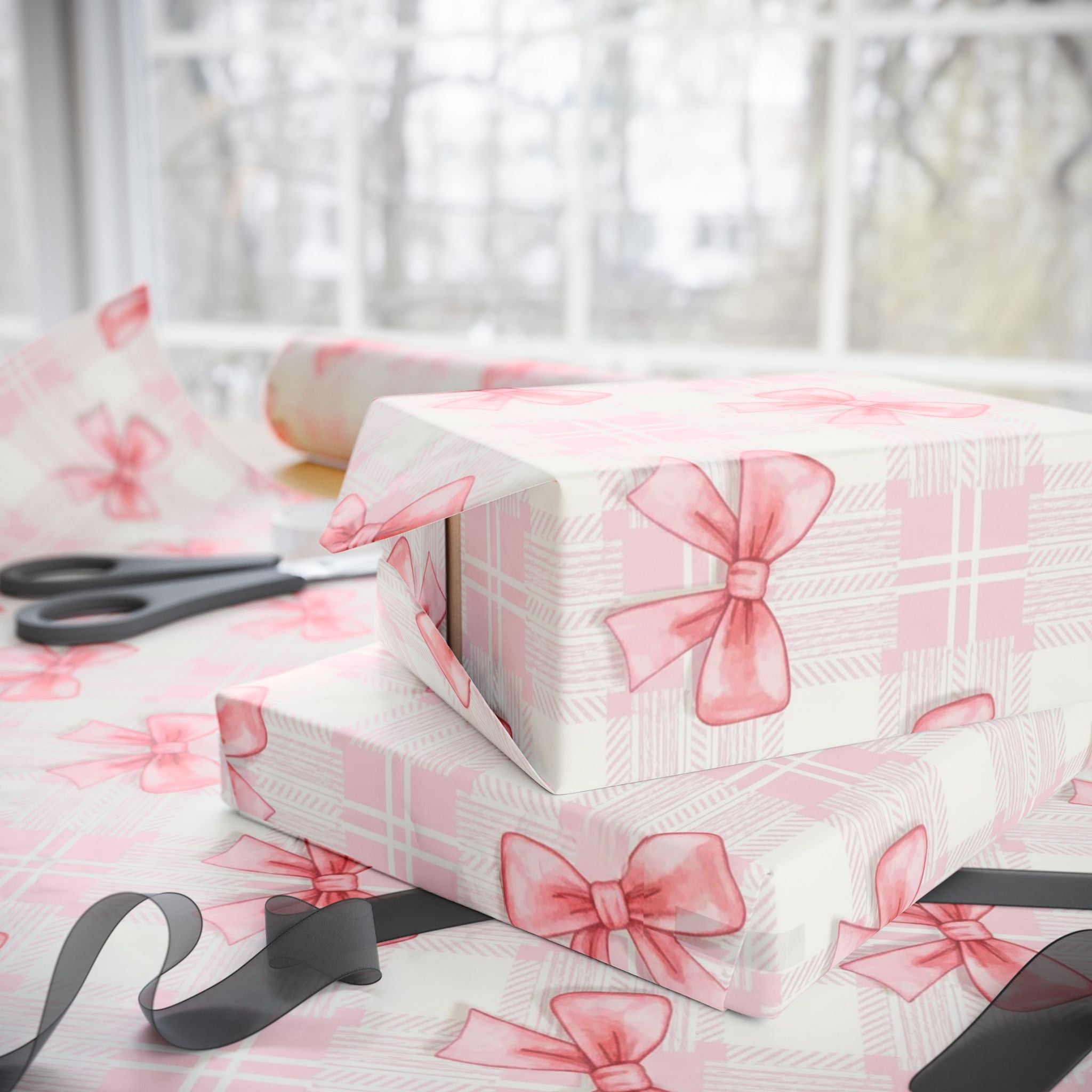 Pink Bow Wrapping Paper, Gift Wrap for Birthdays, Holidays, Bridal Showers, Baby Showers, and More