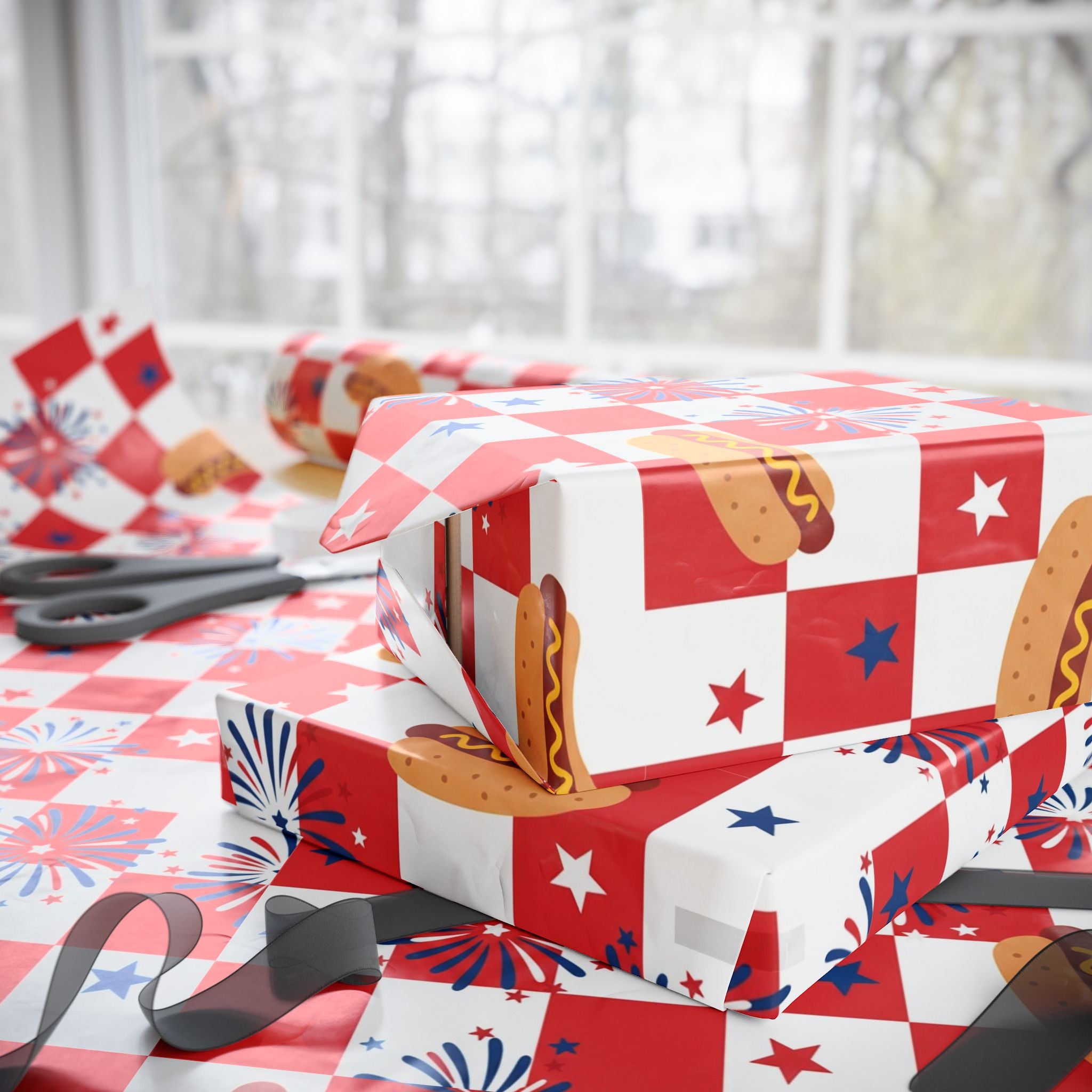 Hot Dog & Fireworks Wrapping Paper | Patriotic 4th of July Checkered Pattern