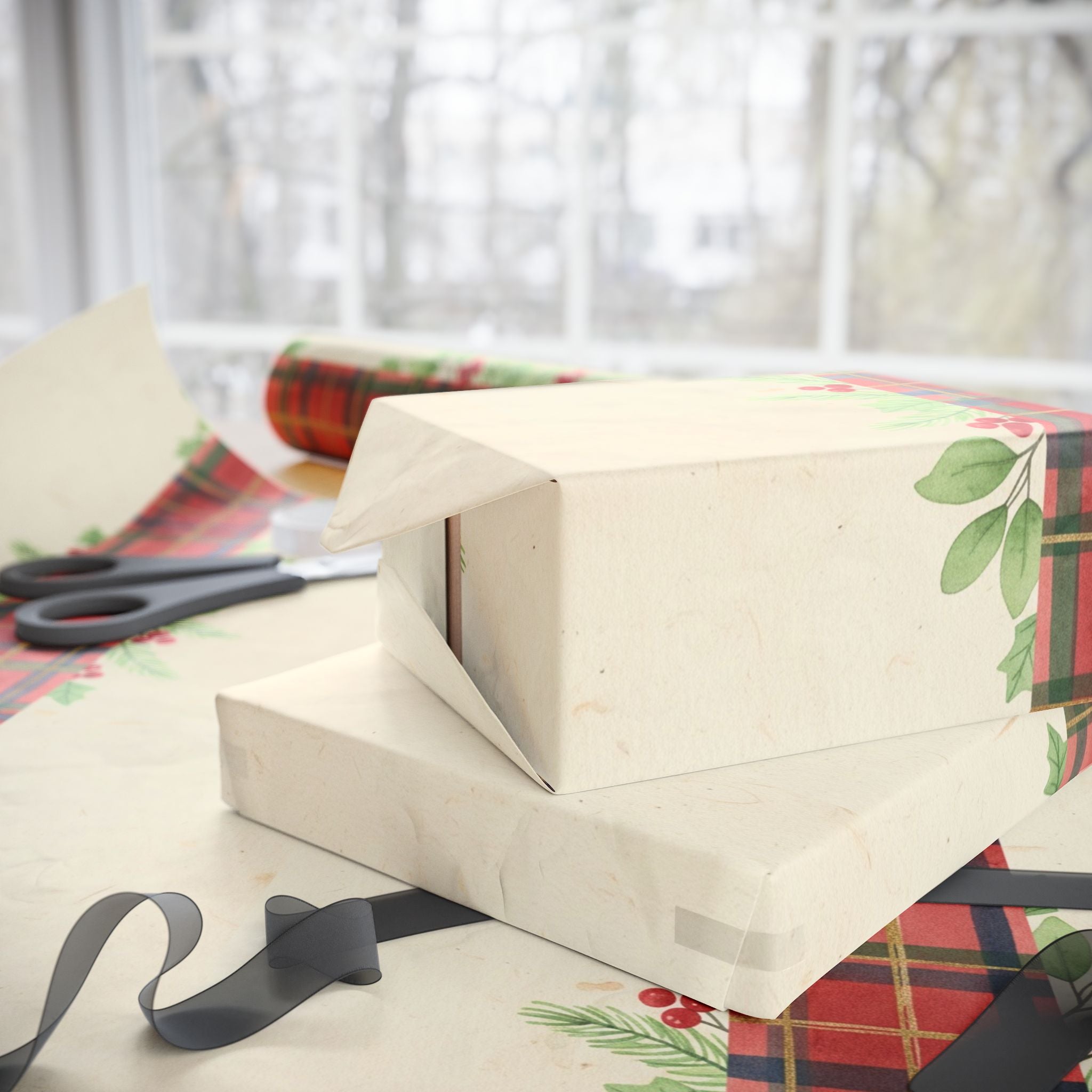 Red Tartan Plaid with Holly Wrapping Paper | Holiday Gift Wrap