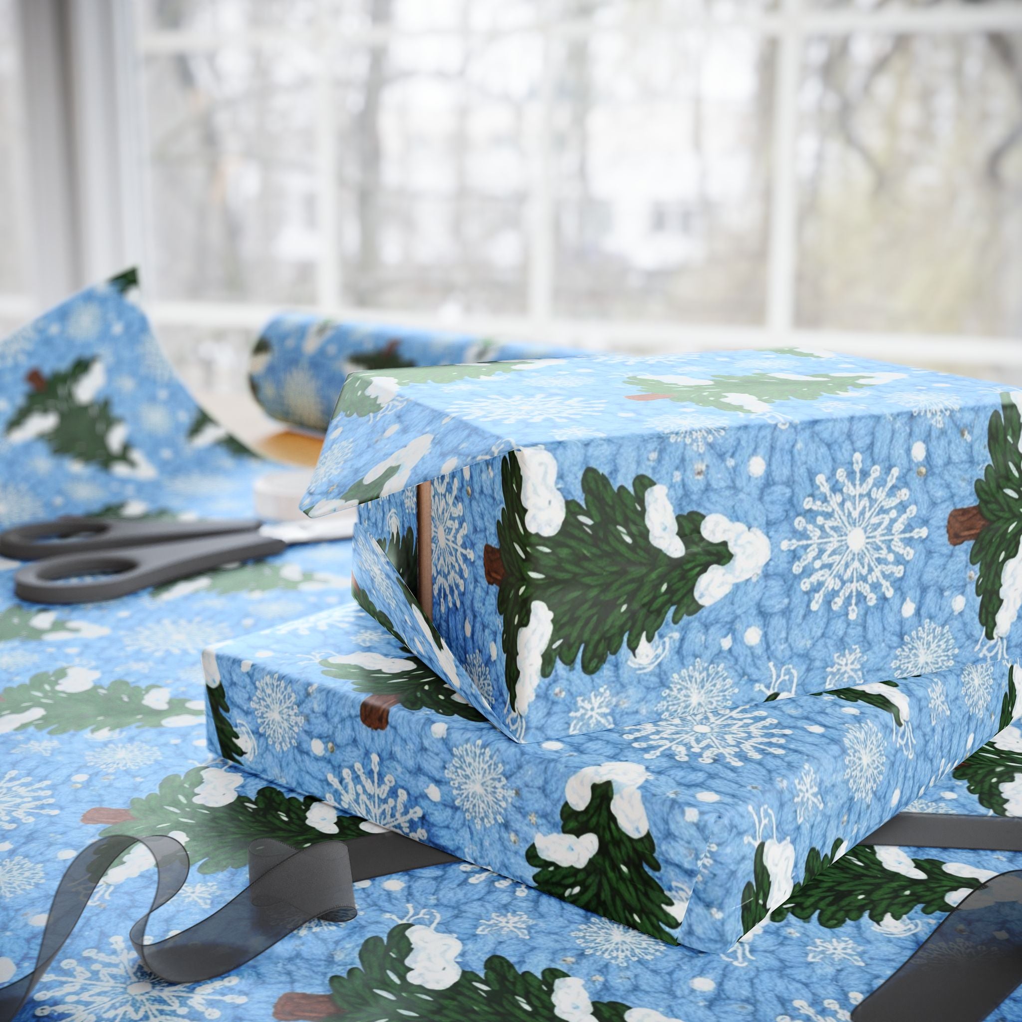 Knit Winter Wreath Pattern Wrapping Paper | Blue Snowflake Holiday Wrap