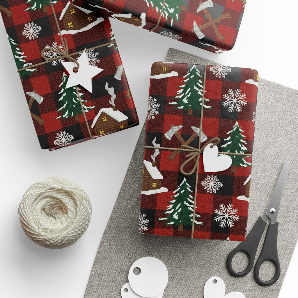 Wrapping Papers: Plaid Cabin Christmas Gift Wrap, Rustic Lumberjack Packaging, Winter Cozy Buffalo Check Paper, Holiday Axes