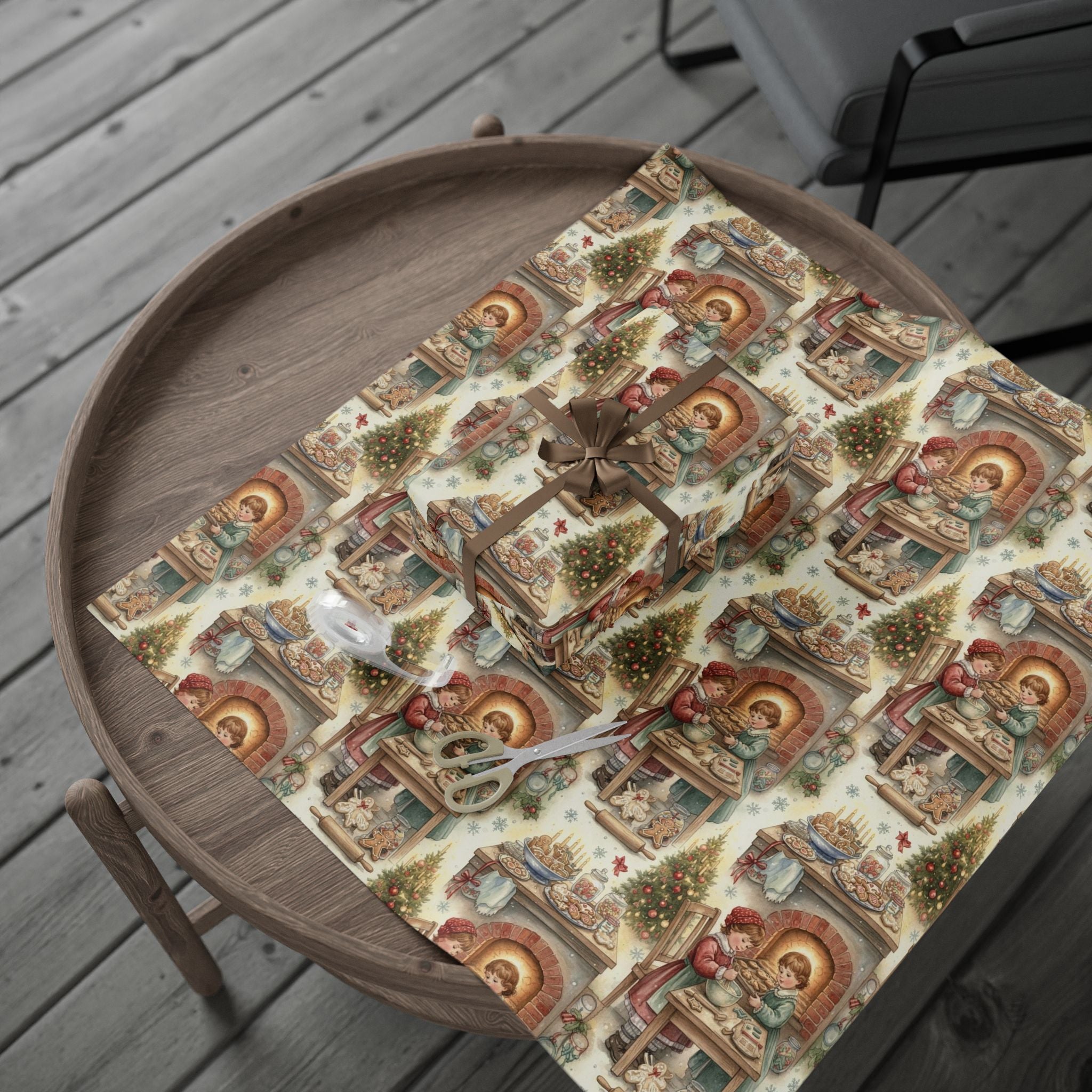 Vintage Kids Baking Cookies Wrapping Paper | Cute Christmas Gift Wrap | Retro Holiday Kitchen Theme | Nostalgic Xmas Paper | Festive Decor