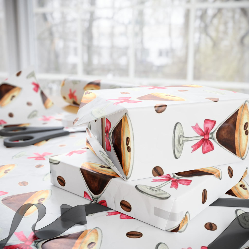 Espresso Martini Wrapping Paper with Pink Bows | Birthday Gift Wrap | Bridal Shower Wrap | Cocktail Party Paper | Girly Chic Gift Wrap