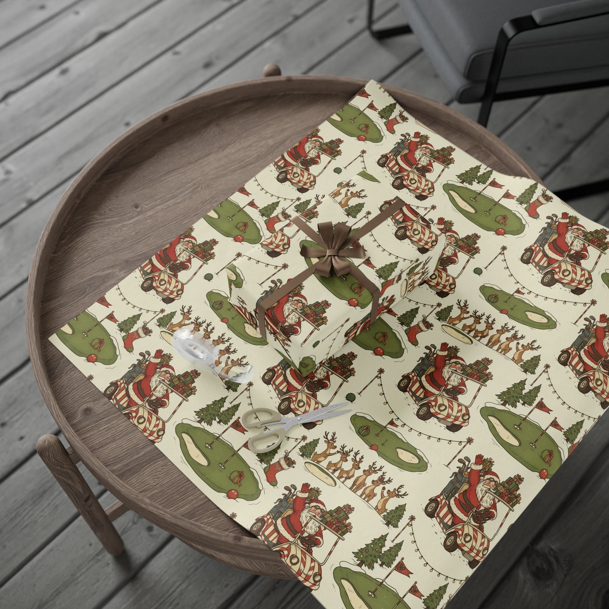 Wrapping Papers, Christmas Santa Golf Cart Pattern, Holiday Gift Wrap, Festive Seamless Design, Cheerful Vintage Style