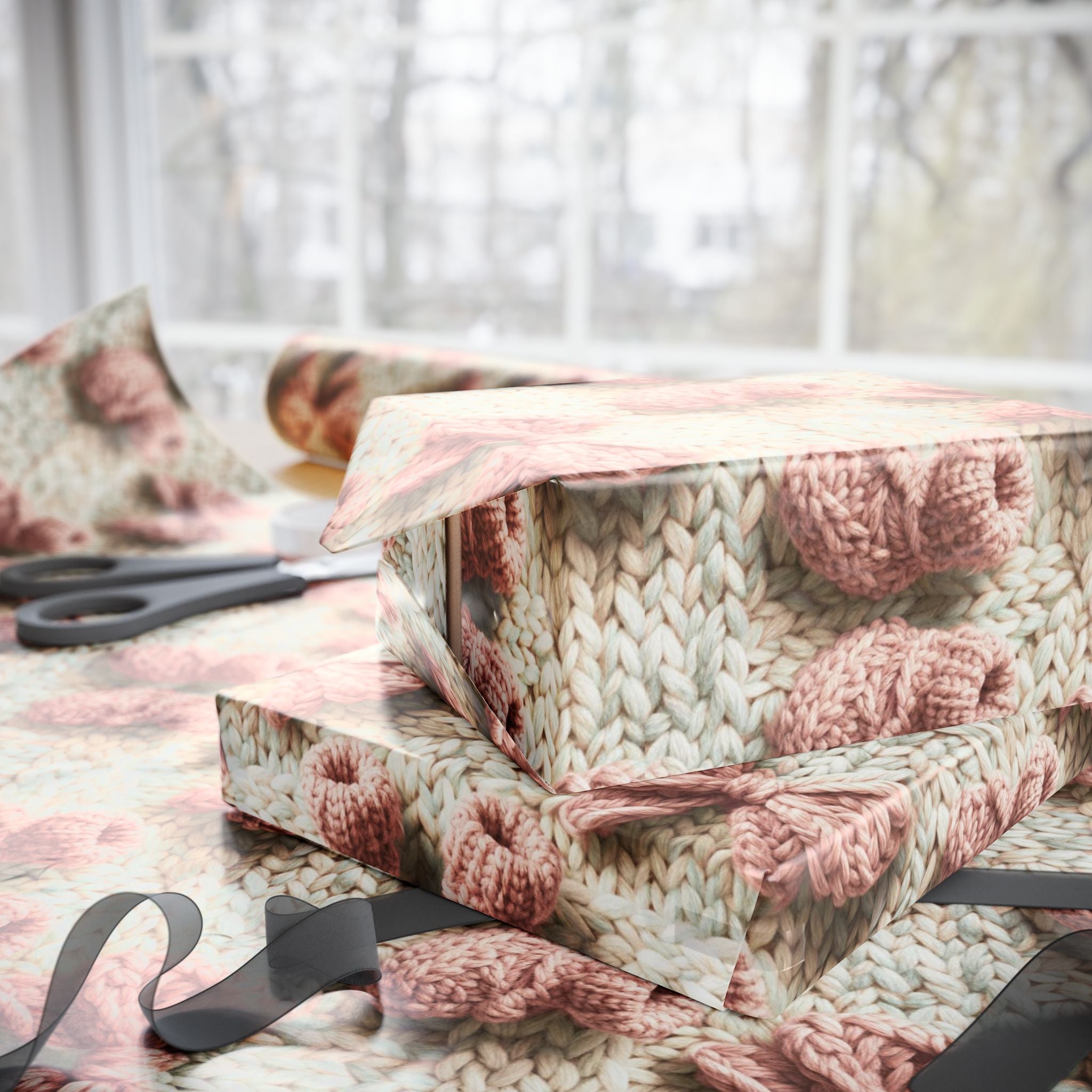 Knit Baby Shower Girl Wrapping Paper | Cozy Cable Knit Print