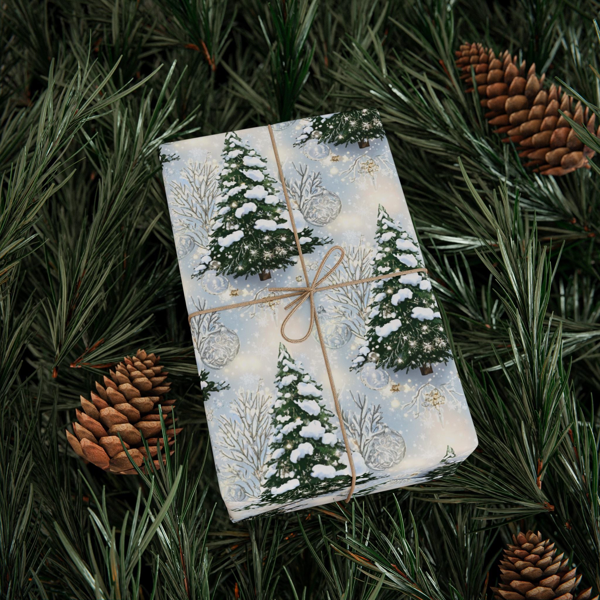 Wrapping Papers, Elegant Winter Wonderland Christmas Trees Gift Wrap, Snowy Holiday Ornaments, Frosted Pines, Festive Present Packaging,