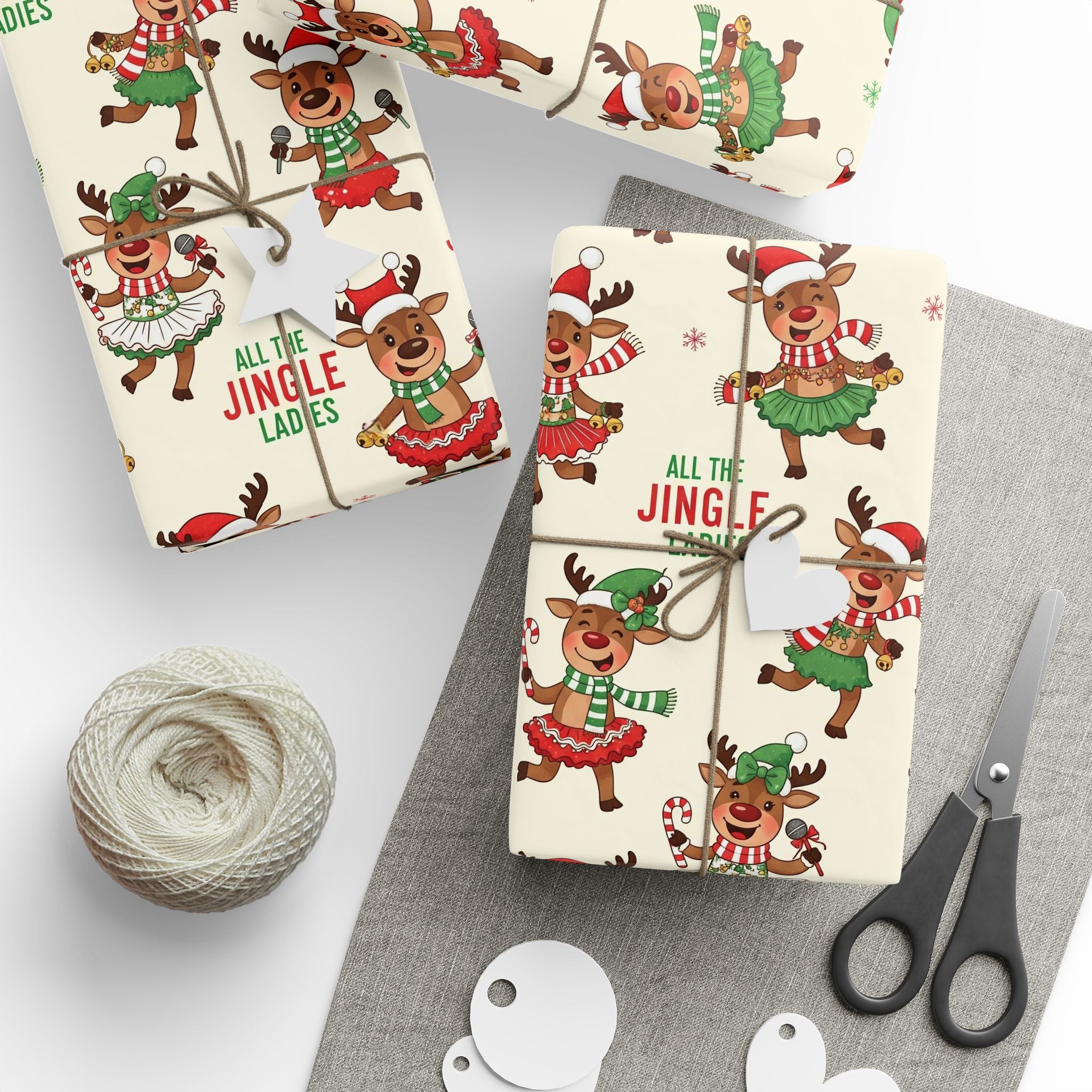 All the Jingle Ladies Wrapping Paper, Funny Singing & Dancing Reindeer Christmas Gift Wrap, Cute Holiday Packaging, Novelty Xmas Paper