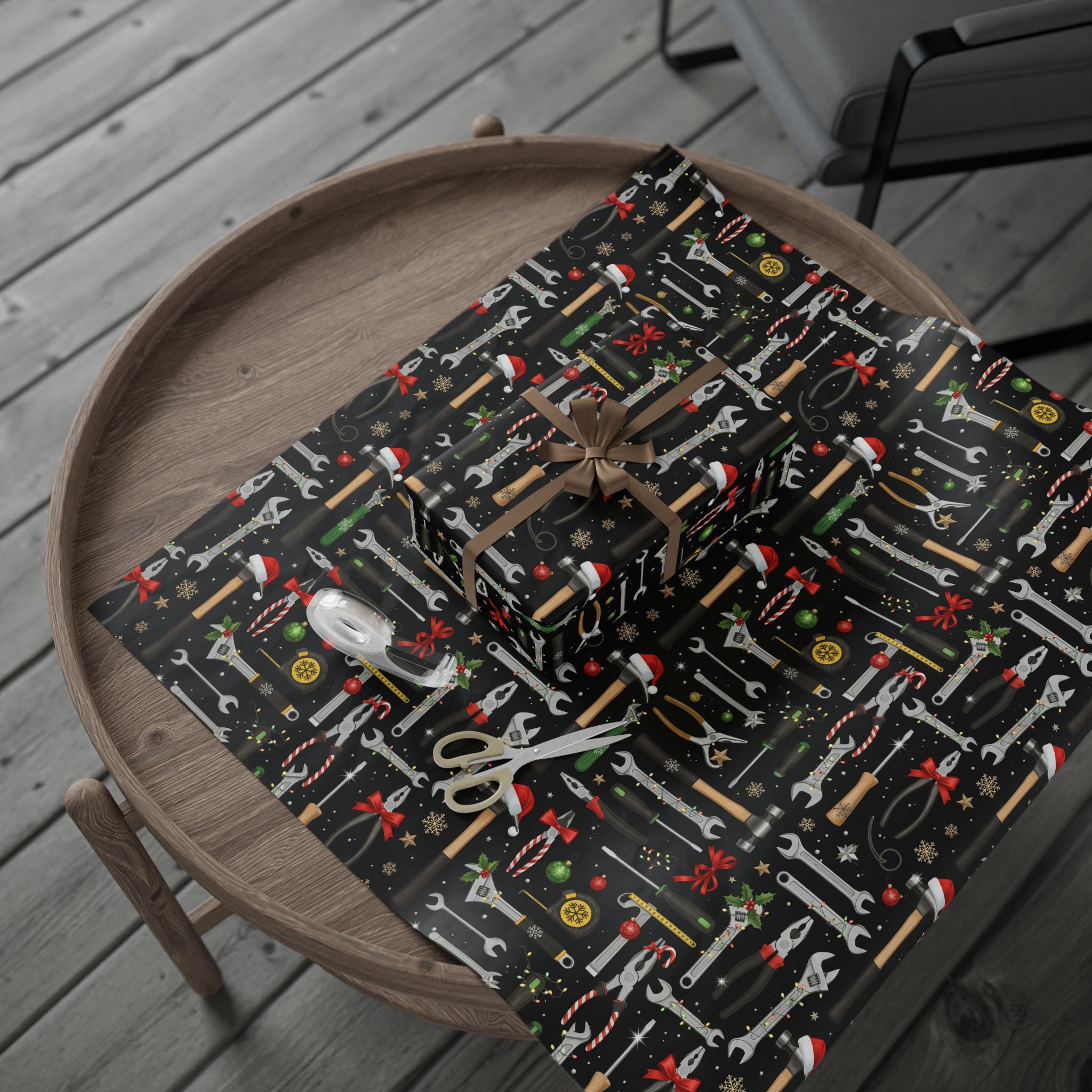 Mens Tools Wrapping Paper, Funny Christmas Gift Wrap with Wrenches, Hammers and Tools in Holiday Lights, Gag Xmas Packaging