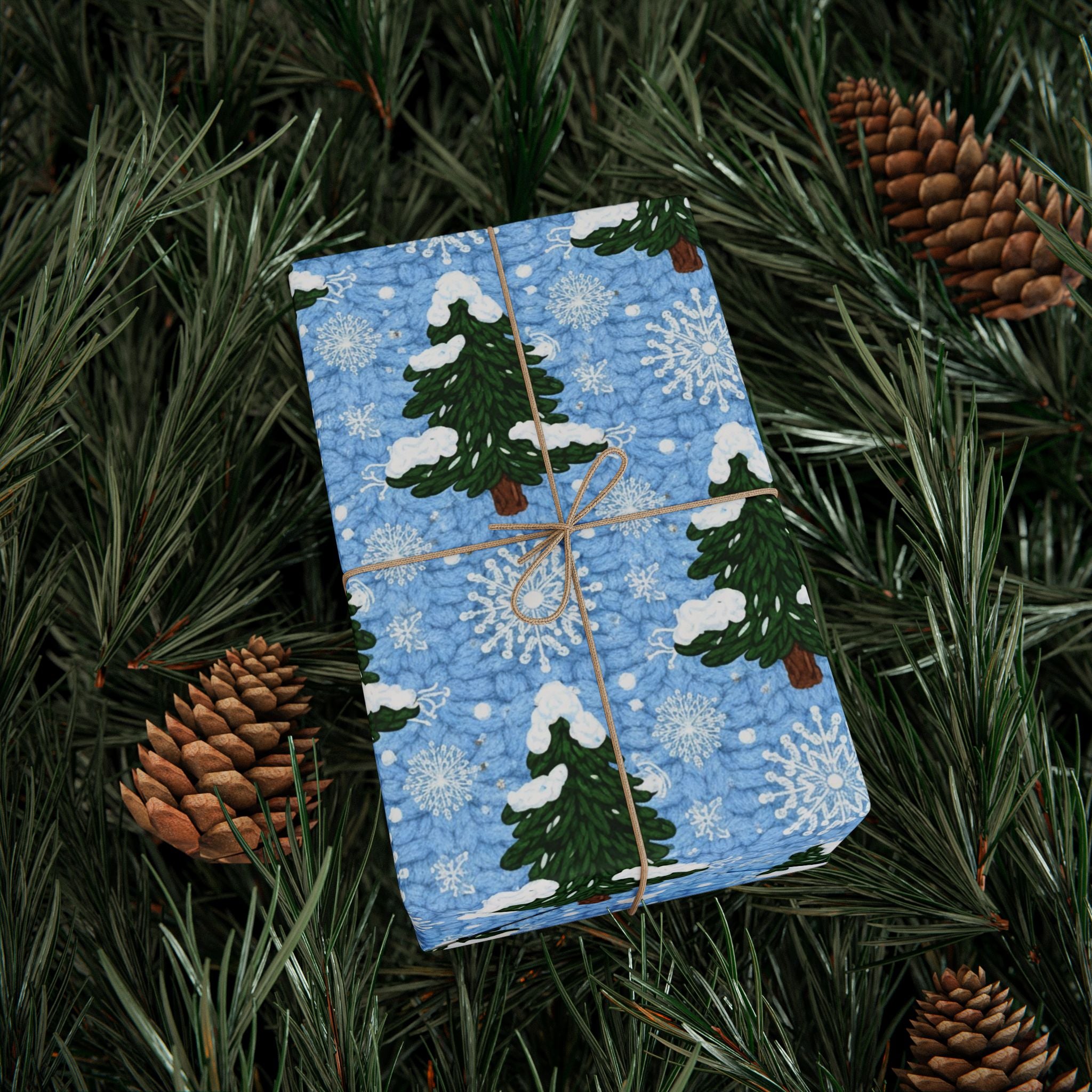 Knit Winter Wreath Pattern Wrapping Paper | Blue Snowflake Holiday Wrap