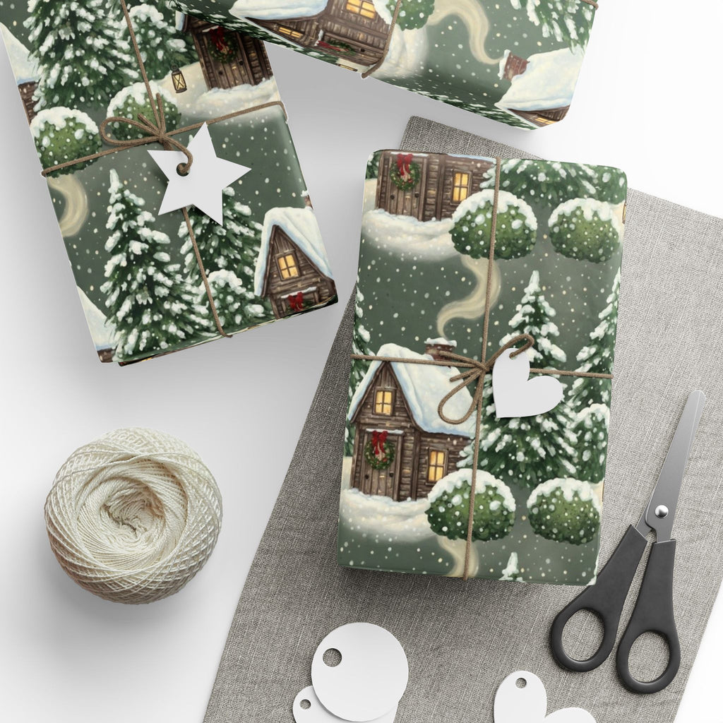 Wrapping Papers: Winter Wonderland Snowy Christmas Trees & Cozy Cabin Gift Wrap, Holiday Forest Theme, Festive Present Packing, Seasonal