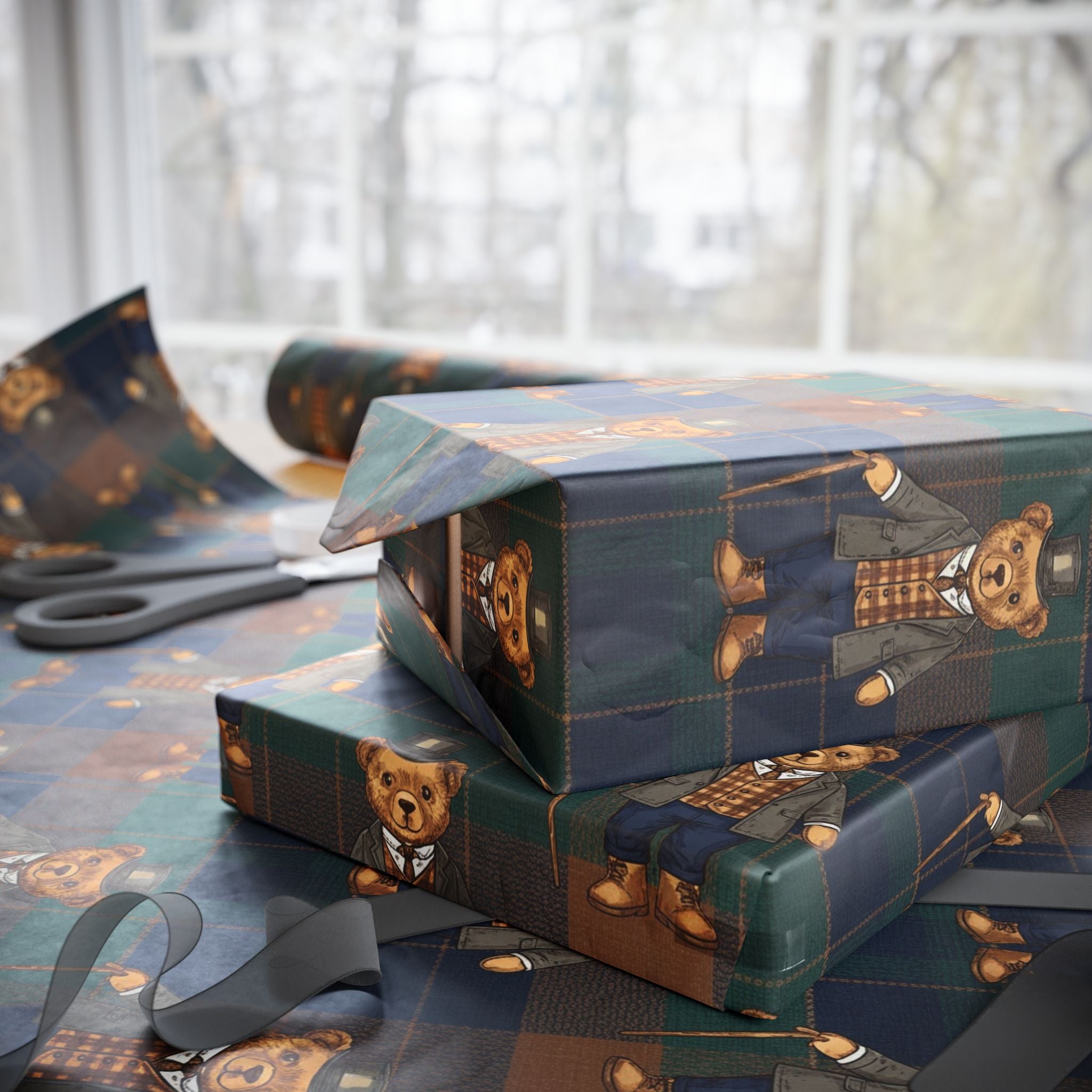 Plaid Gentleman Bear Wrapping Paper – Classic, Cozy & Charming
