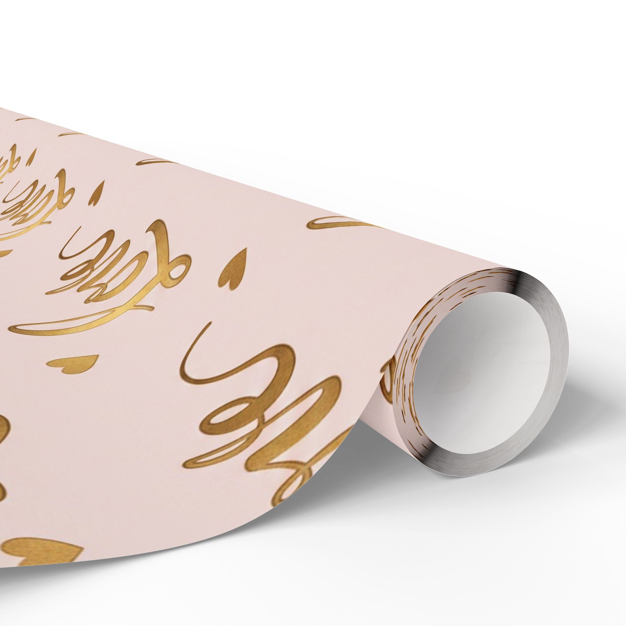 Gold Script "Love" Pattern Wrapping Papers | Pink Metallic Hearts