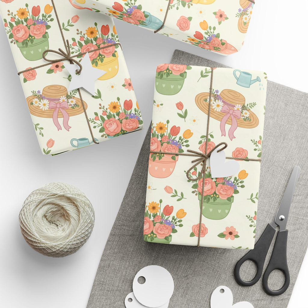Floral Bouquet Gardening Wrapping Paper Roll — Pastel Flowers Gift Wrap for Spring & Mother's Day