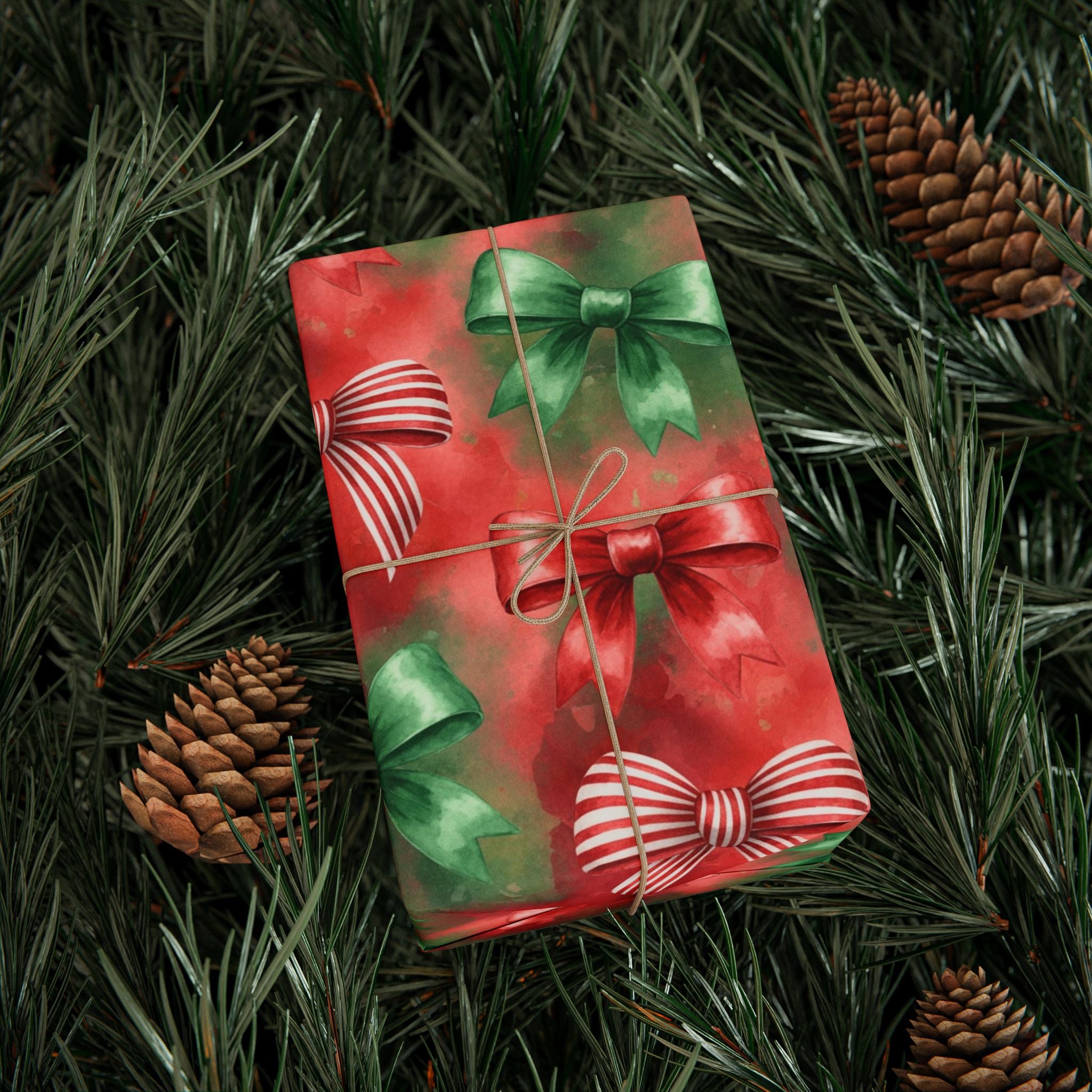 Christmas Wrapping Paper, Festive Red Green Bows Holiday Gift Wrap for Family Friends Teachers, Watercolor Design
