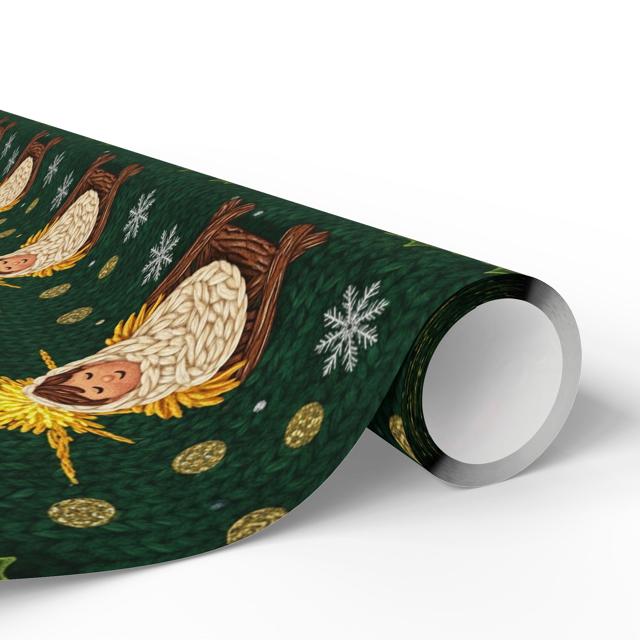Baby Jesus Knit Wrapping Paper | Christmas Pattern on Green
