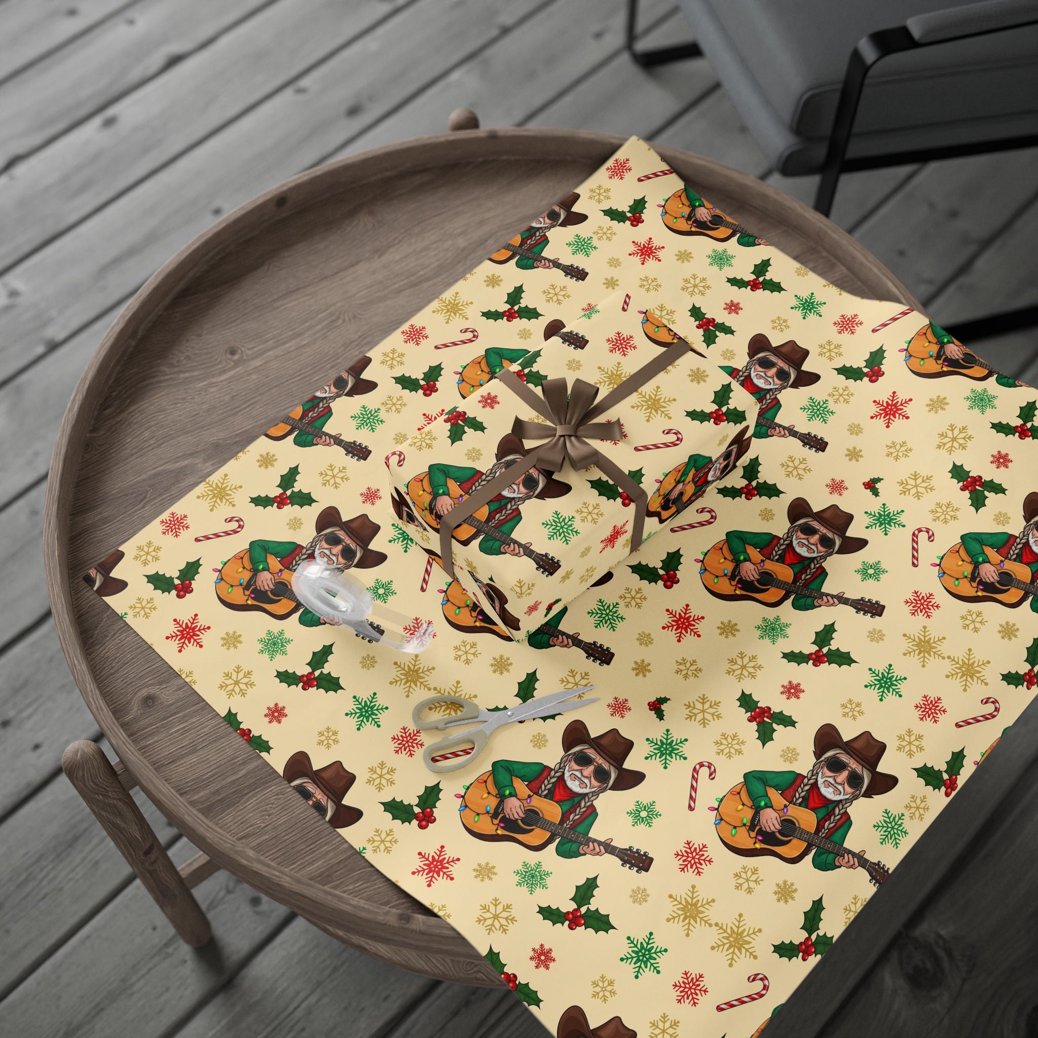 Wrapping Papers, Vintage Cowboy Santa Gift Wrap, Christmas Holiday Decoration, Western Theme, Guitar and Sunglasses, Country Legend, Festive