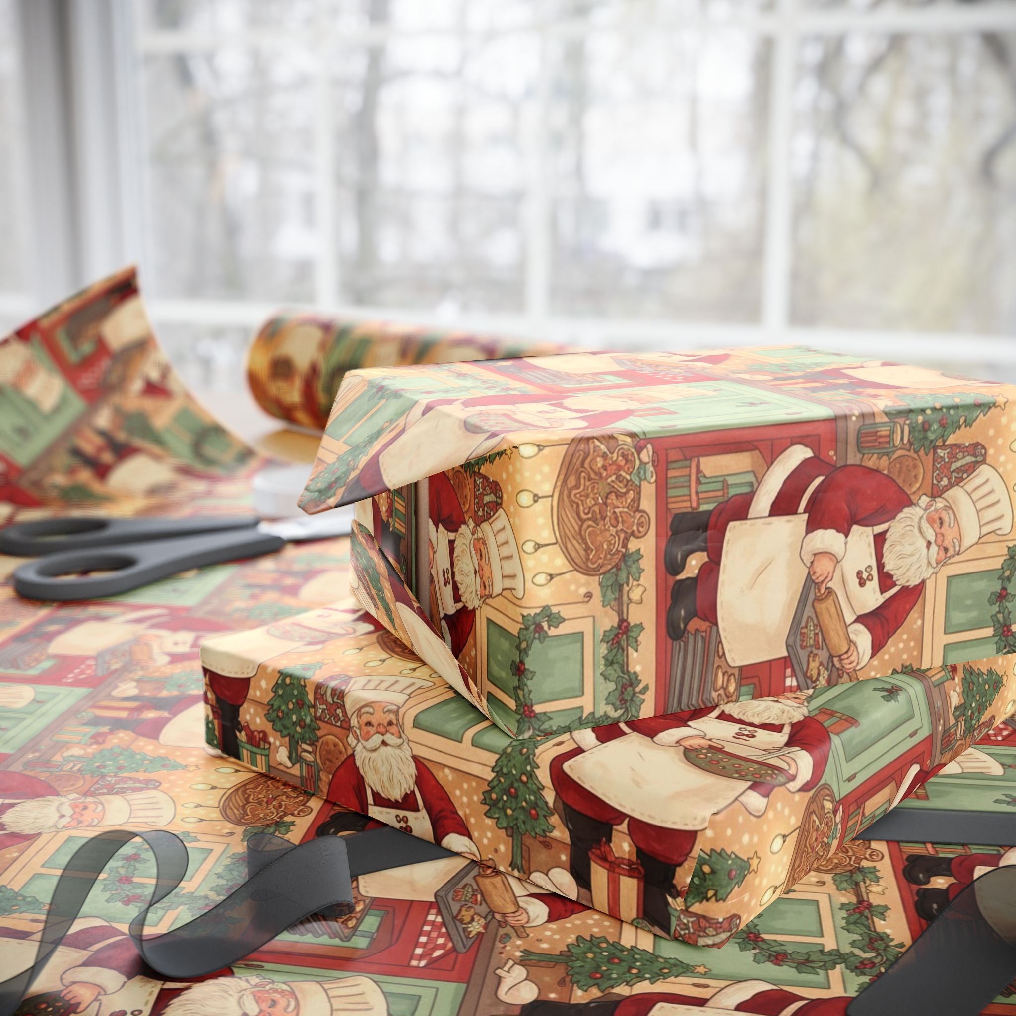Vintage Santa Baking Wrapping Paper, Christmas Kitchen Decor, Retro Holiday Gift Wrap, Festive Sweetness, Old-Fashioned Santas