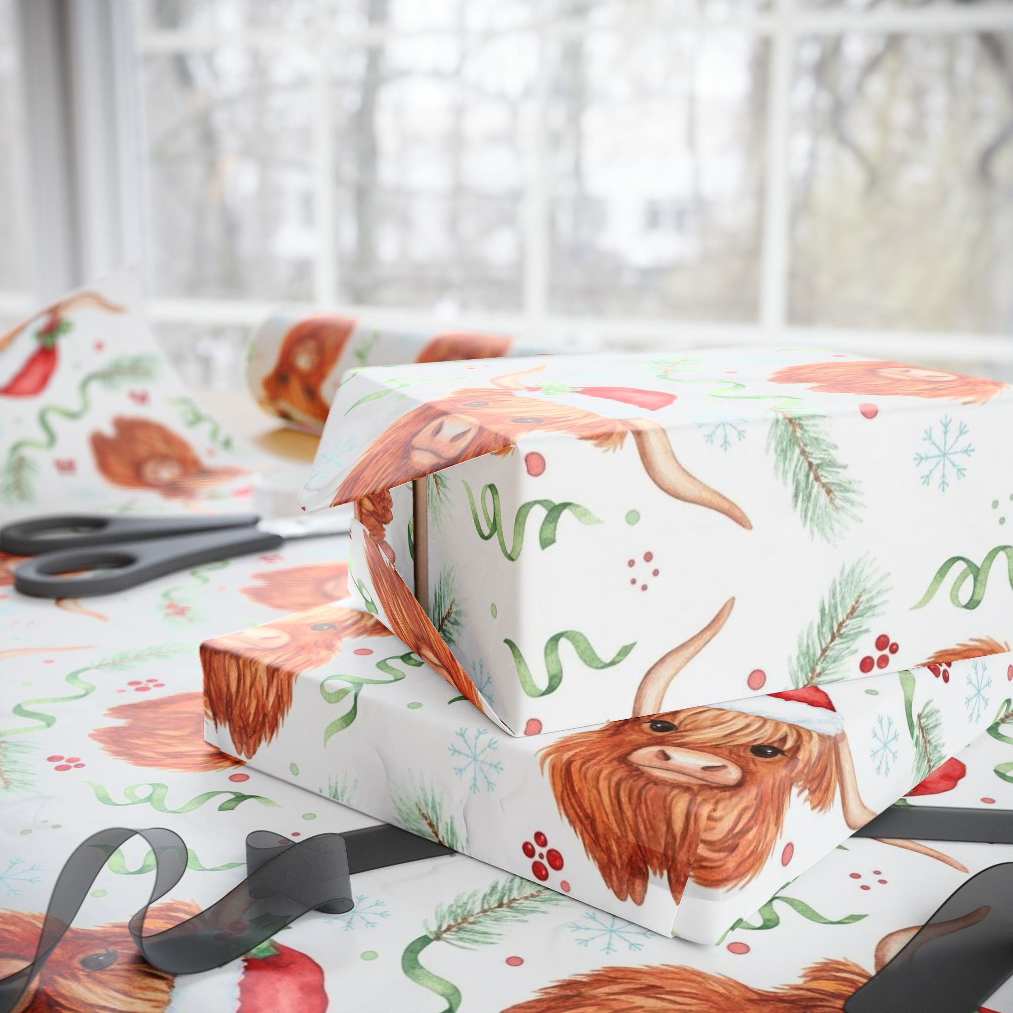 Cute Highland Cow Christmas Wrapping Paper | Farmhouse Holiday Gift Wrap | Country Xmas Decor | Rustic Cow Print | Festive Winter Wrap