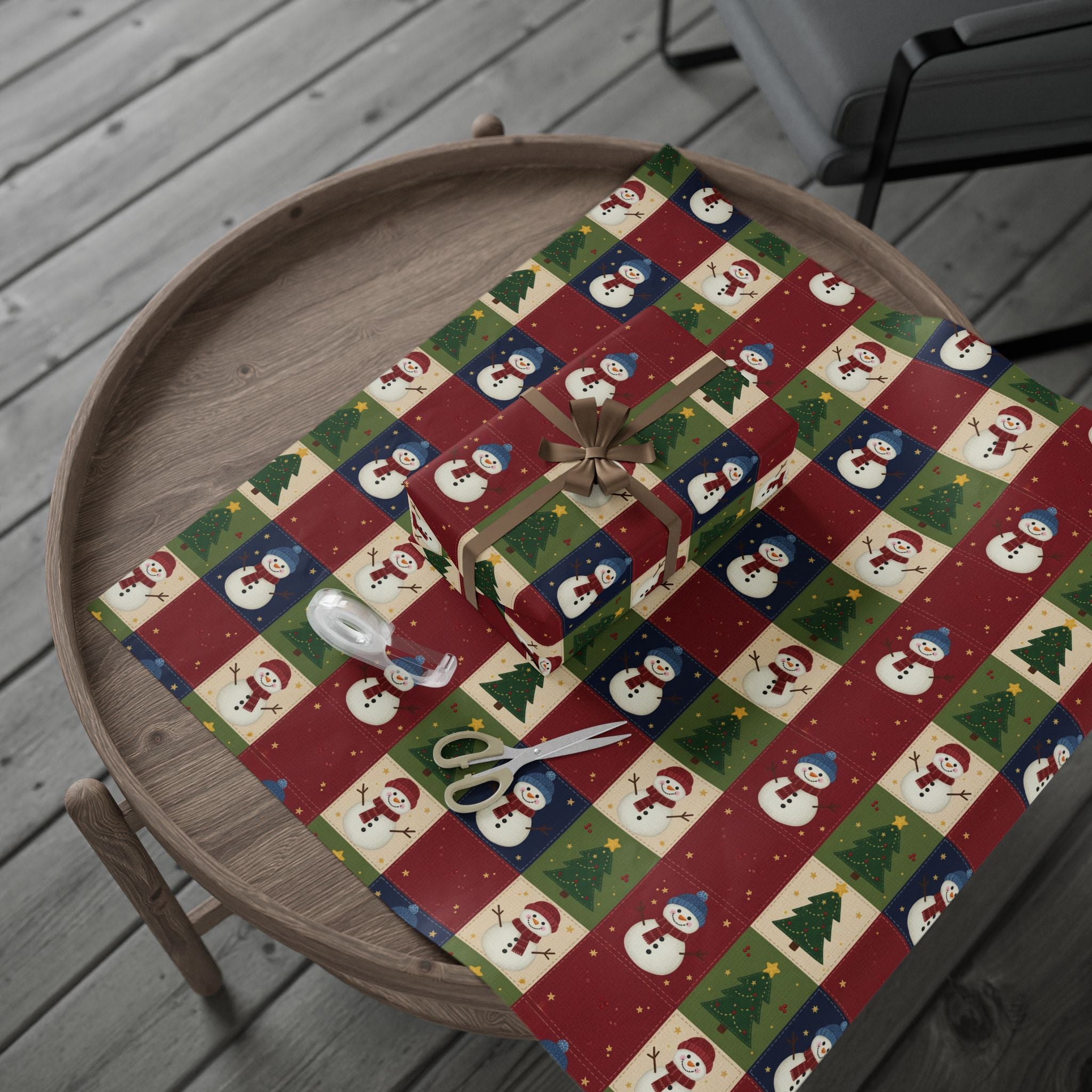 Snowman & Christmas Quilt Tree Wrapping Paper | Holiday Pattern Roll