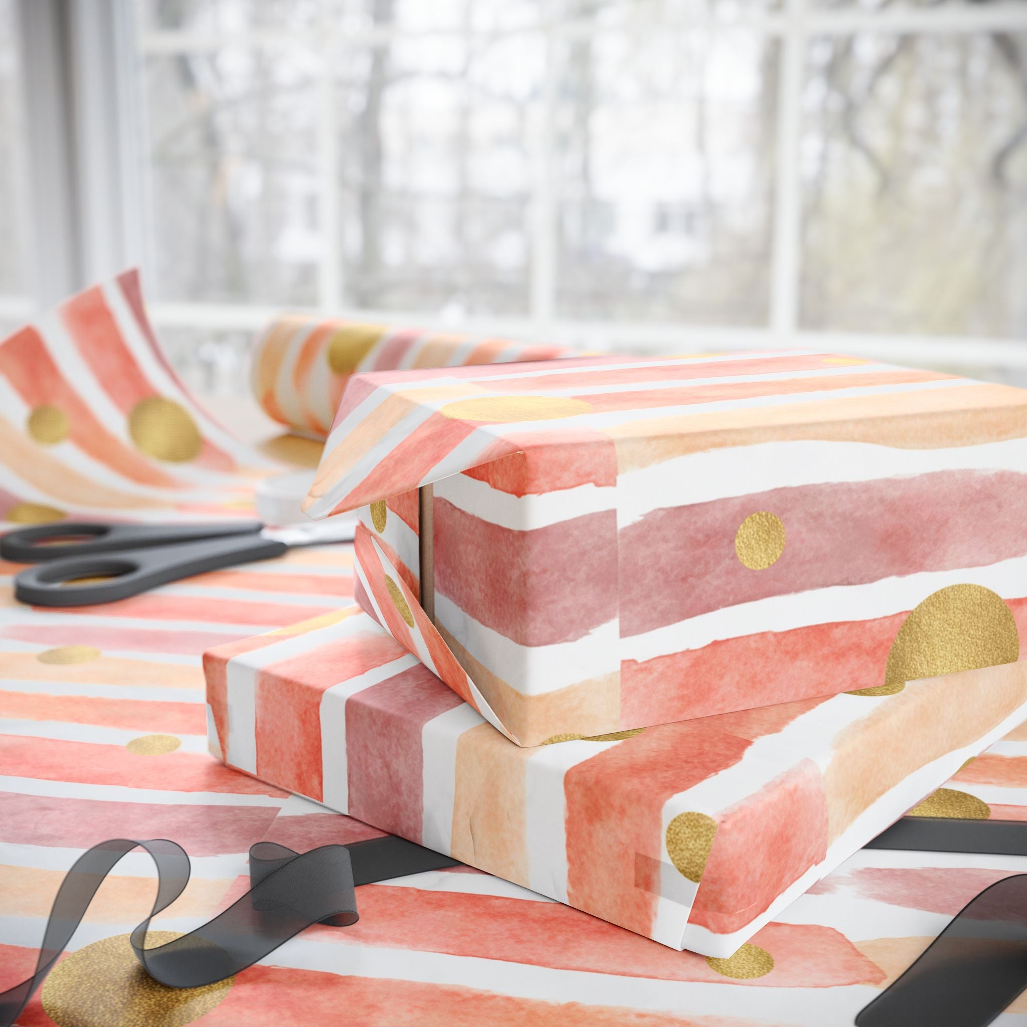 Wrapping Paper - Pink Watercolor Stripes & Gold Dots Gift Wrap