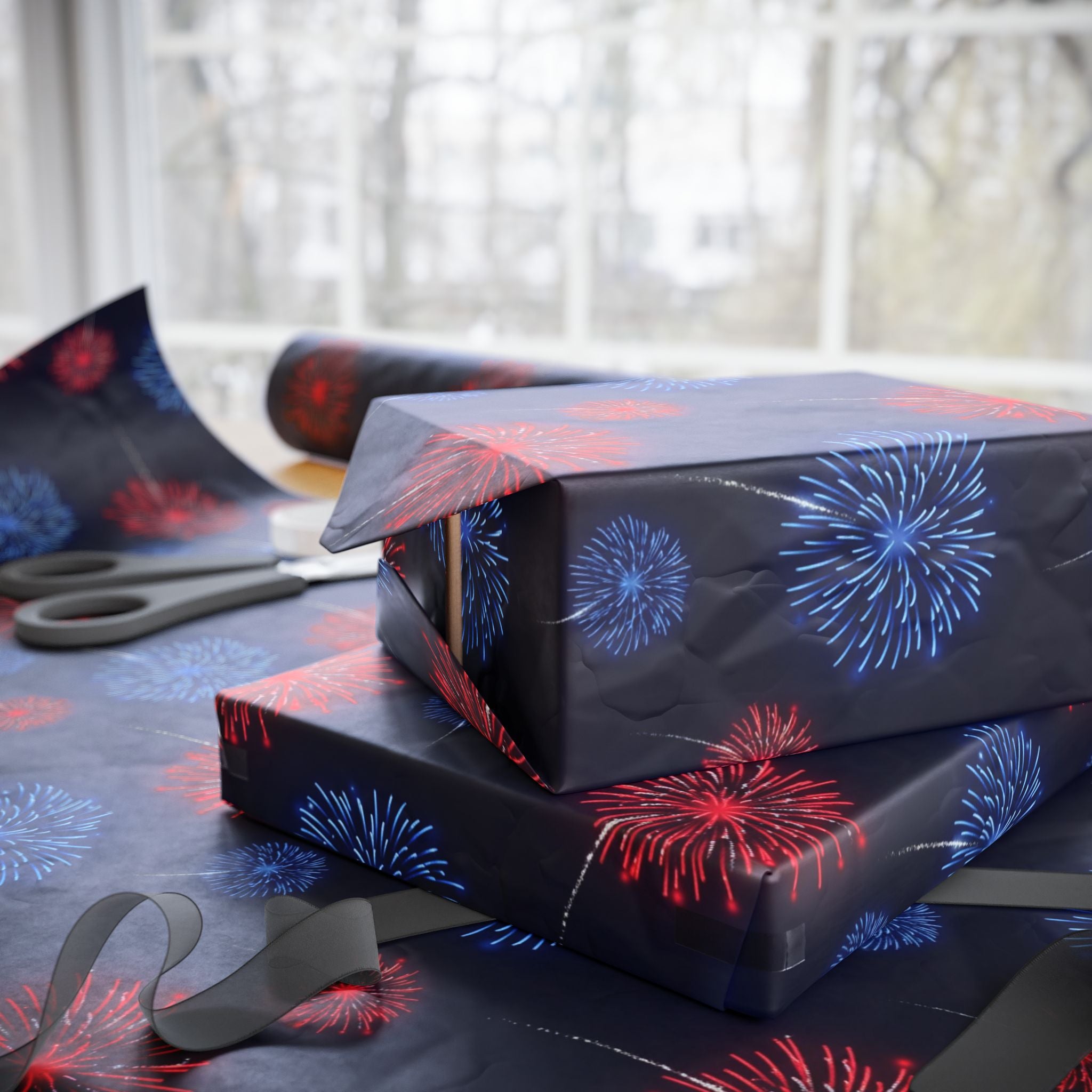 Red and Blue Fireworks Wrapping Paper | Patriotic Holiday Wrap