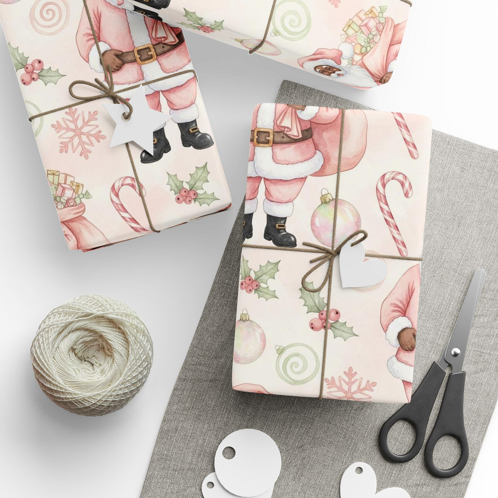 Pink Black Santa Wrapping Paper | African American Santa Gift Wrap | Girly Christmas Paper | Modern Holiday Decor | Festive Pastel Xmas Wrap