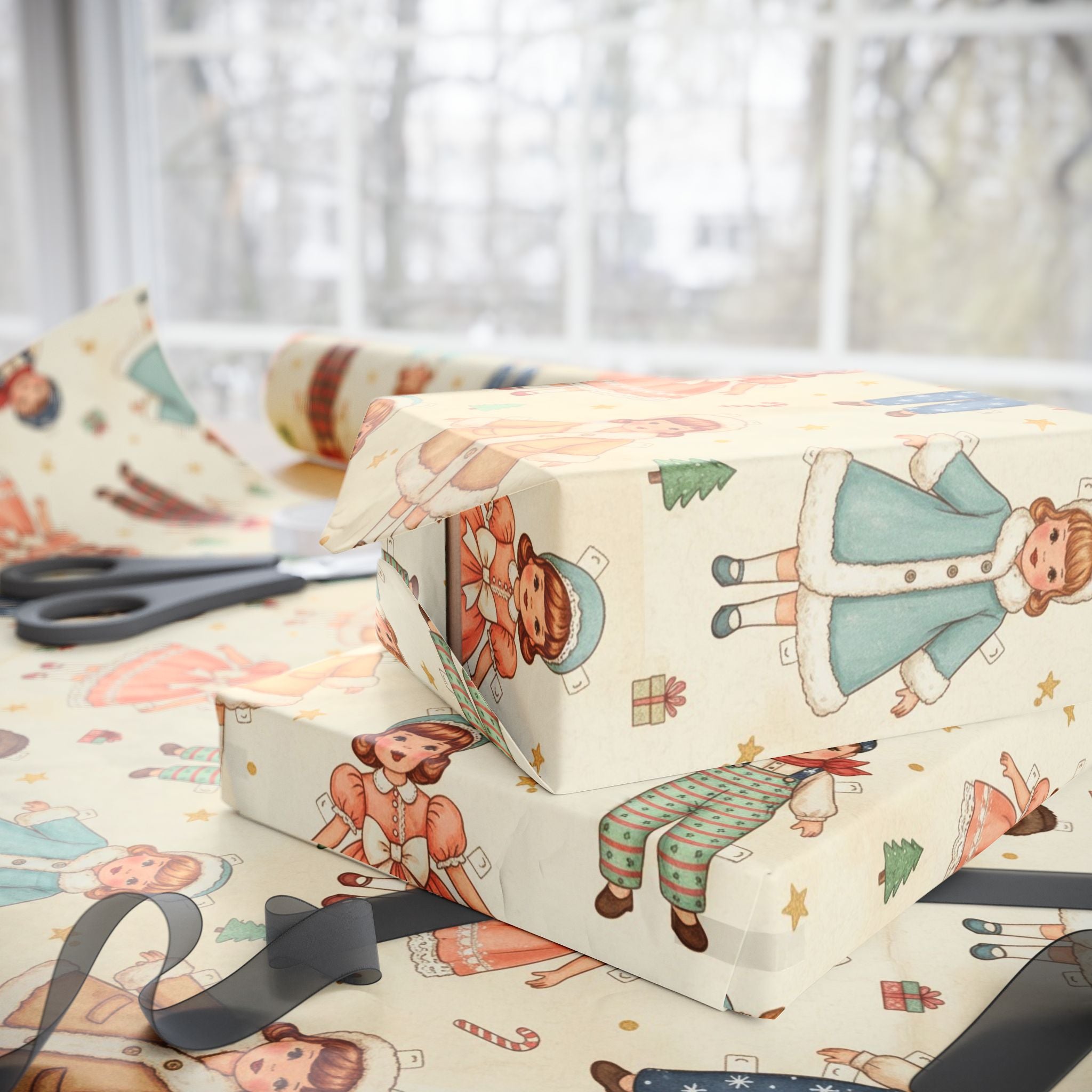 Vintage Christmas Paper Doll Wrapping Papers | Old-Fashioned Nostalgic Holiday Wrap, Retro Packaging, Paper Dolls Christmas Gift Wrap