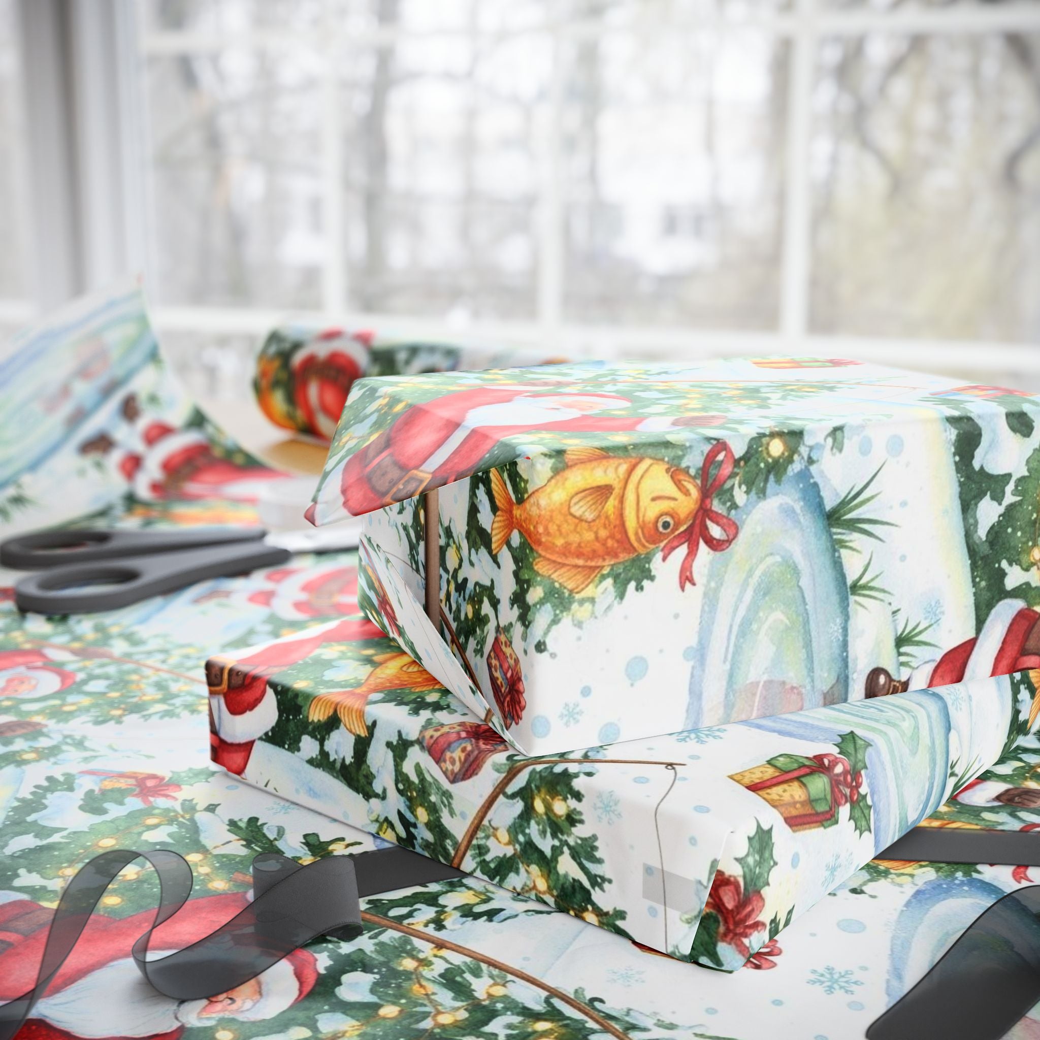 Santa Fishing Wrapping Paper | Funny Christmas Gift Wrap | Holiday Paper for Fishermen | Santa Catching Fish | Outdoor Xmas Gift Wrap