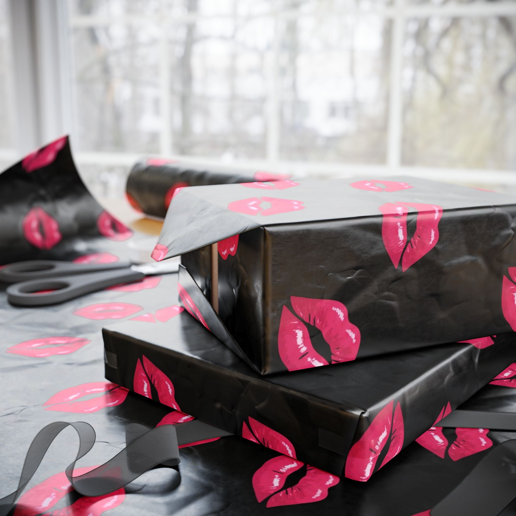 Pink Kiss Lips pattern Wrapping Paper | Black lipstick print