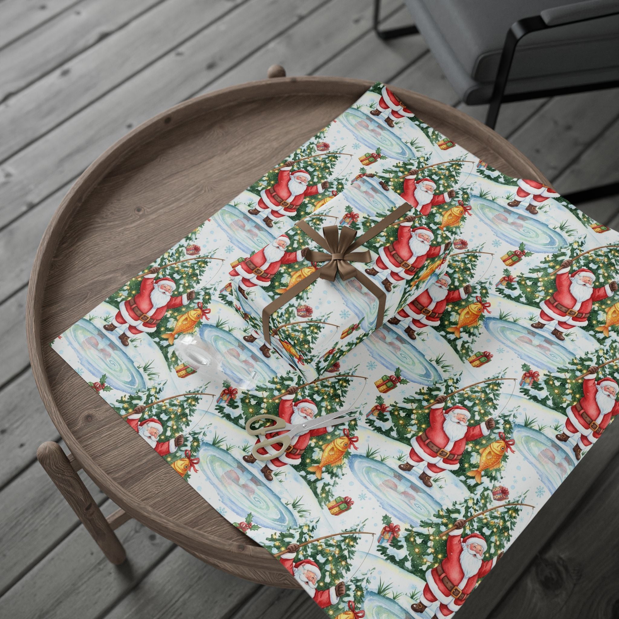 Santa Fishing Wrapping Paper | Funny Christmas Gift Wrap | Holiday Paper for Fishermen | Santa Catching Fish | Outdoor Xmas Gift Wrap