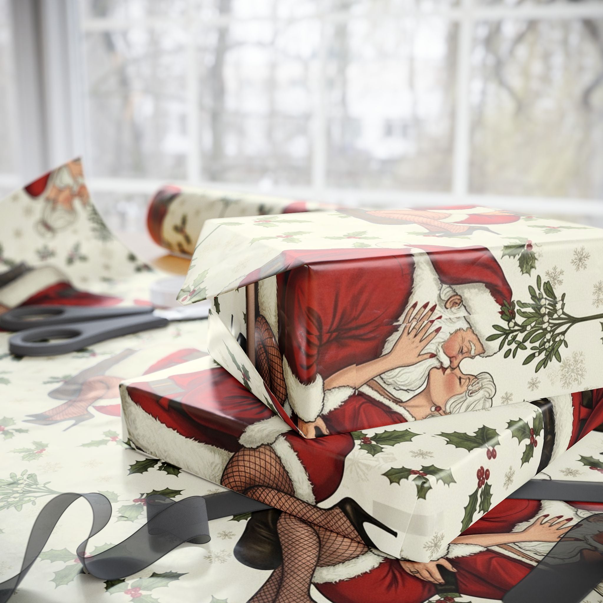 Kissing Santa & Mrs. Claus Under the Tree — Christmas Wrapping Paper