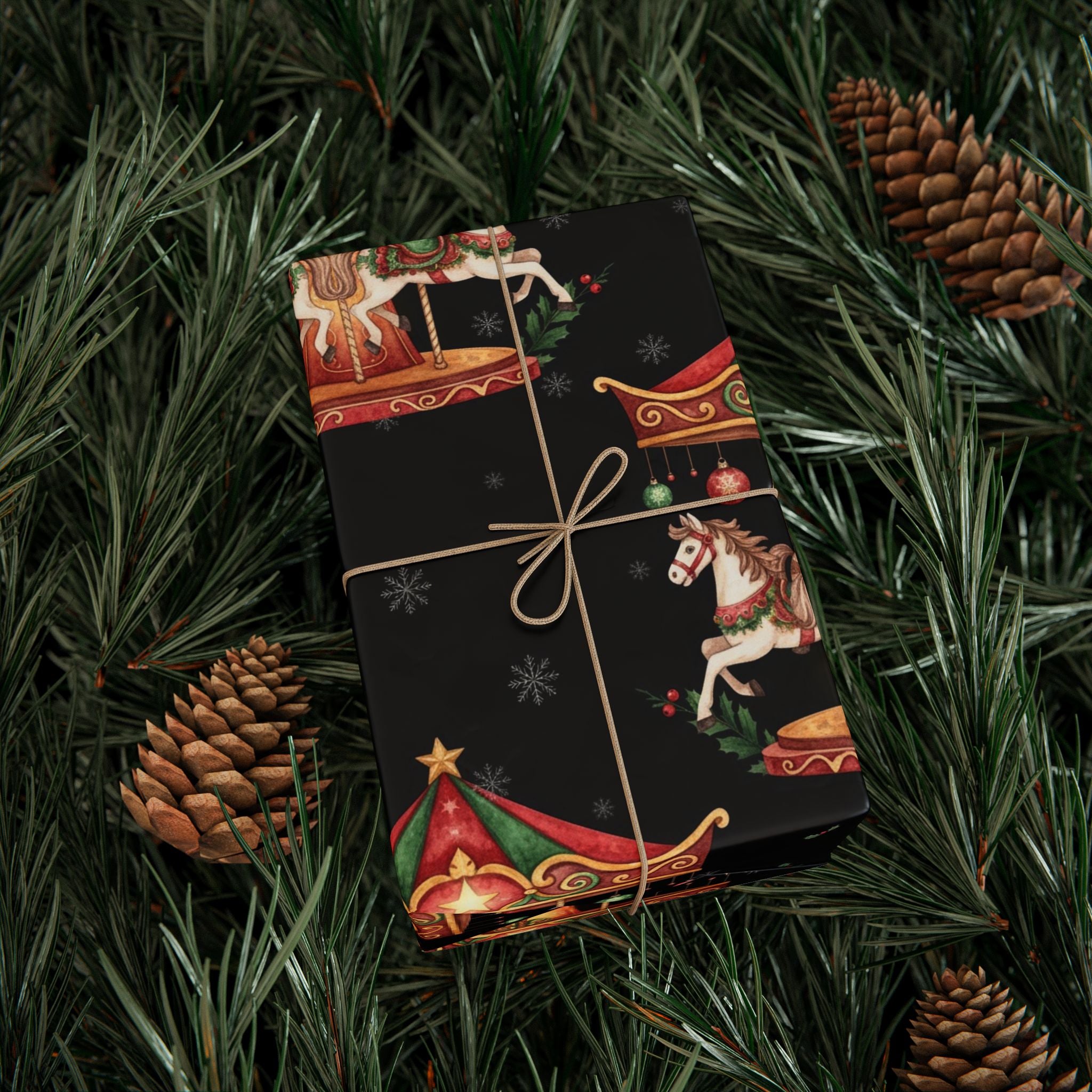 Gift Wrap Paper, Cute Holiday Present Decoration, Christmas Horse Carousel Wrapping Sheets, Festive Packaging, Xmas Craft Supplies