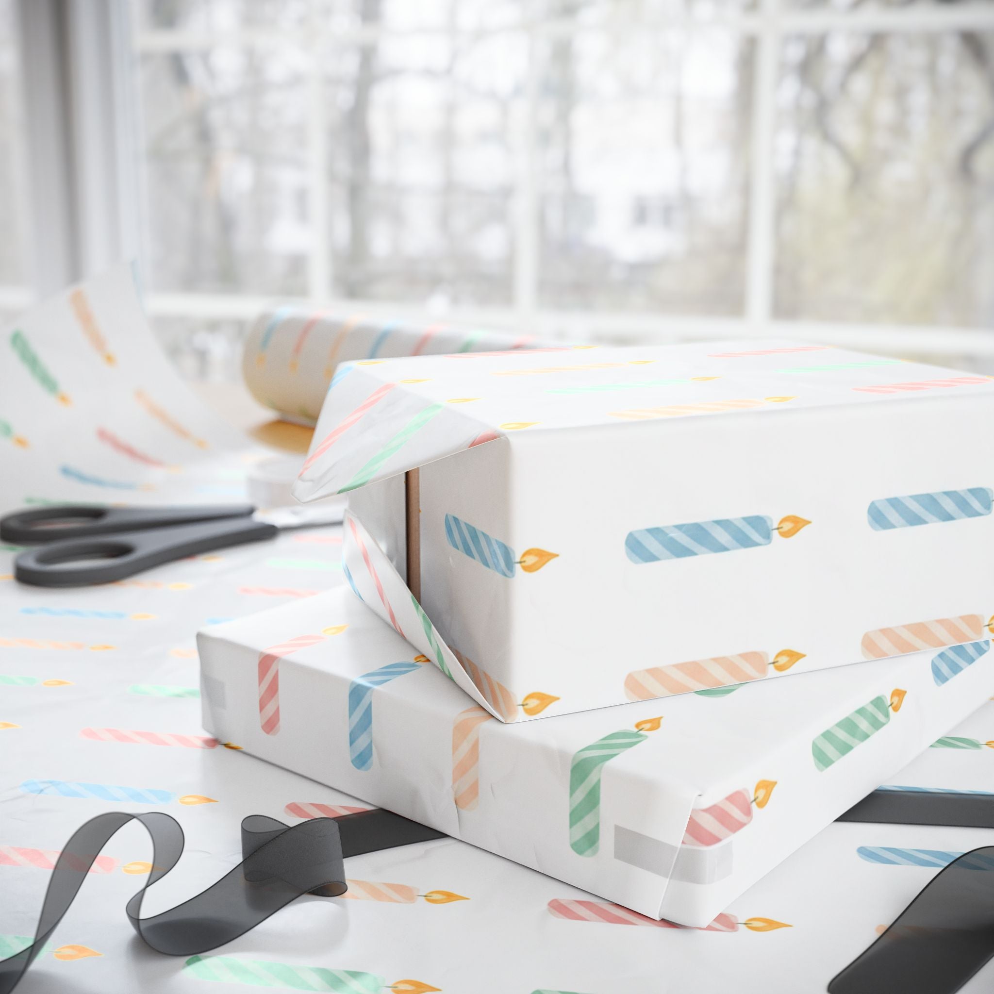Wrapping Paper — Pastel Twisted Candles Pattern, Birthday Gift Wrap