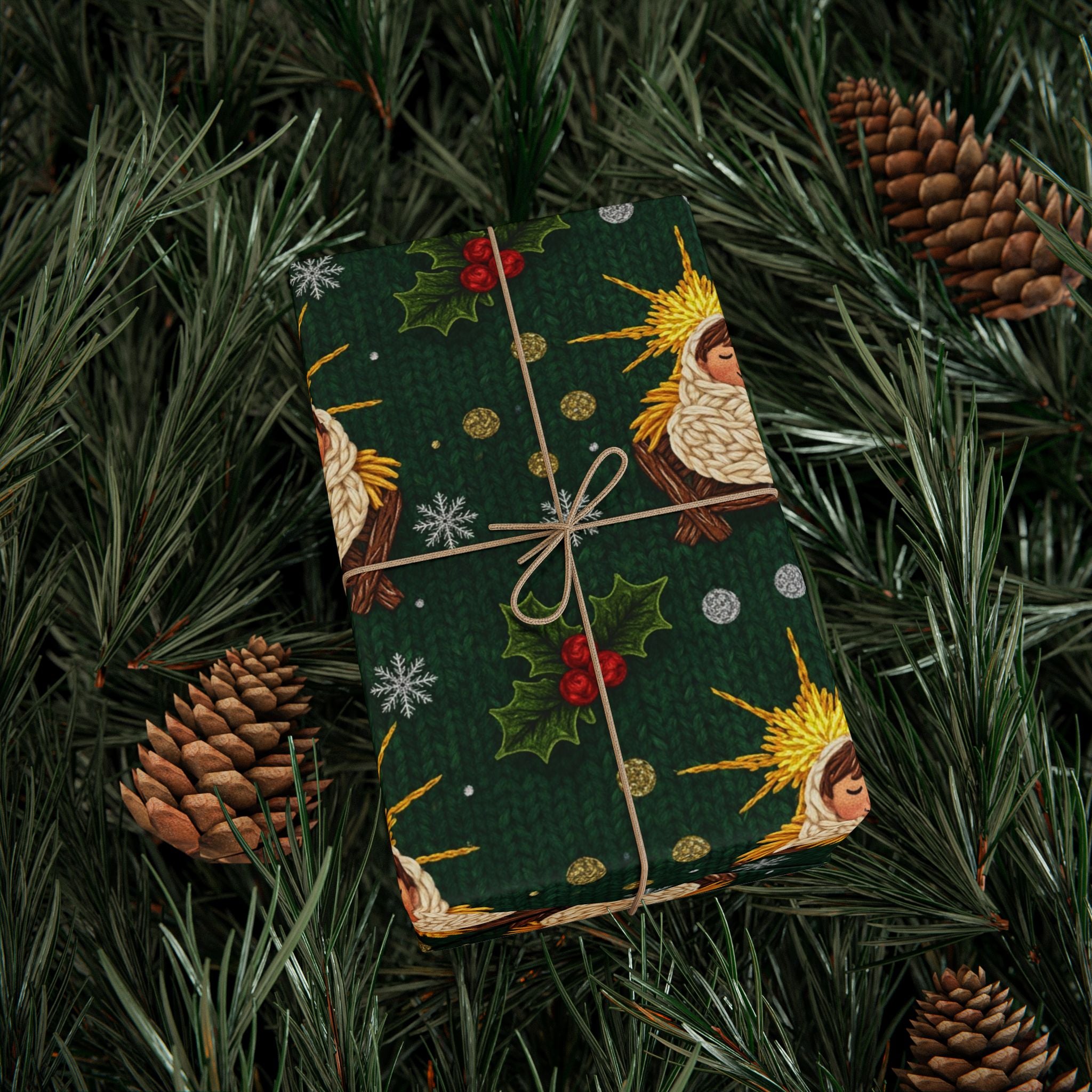 Baby Jesus Knit Wrapping Paper | Christmas Pattern on Green