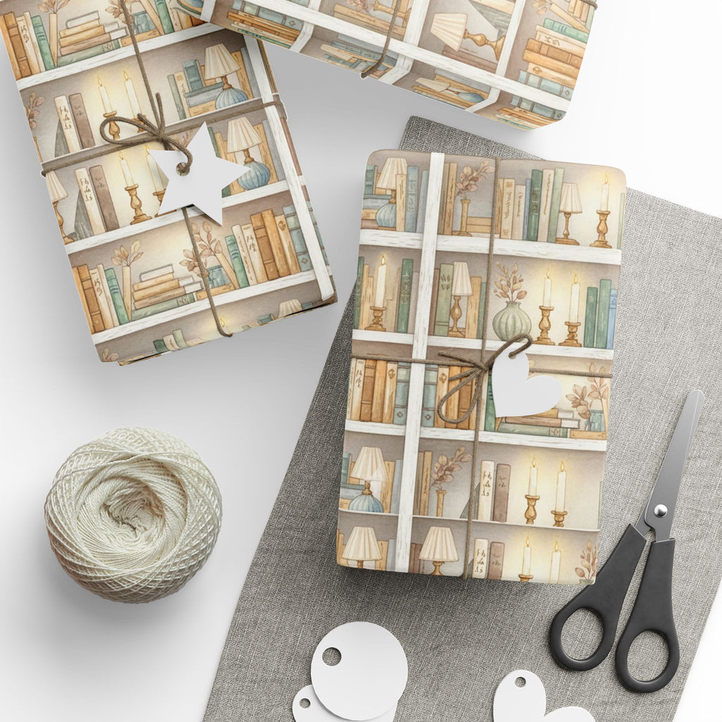 Cozy Bookshelf Pattern Wrapping Paper | Vintage Library Gift Wrap