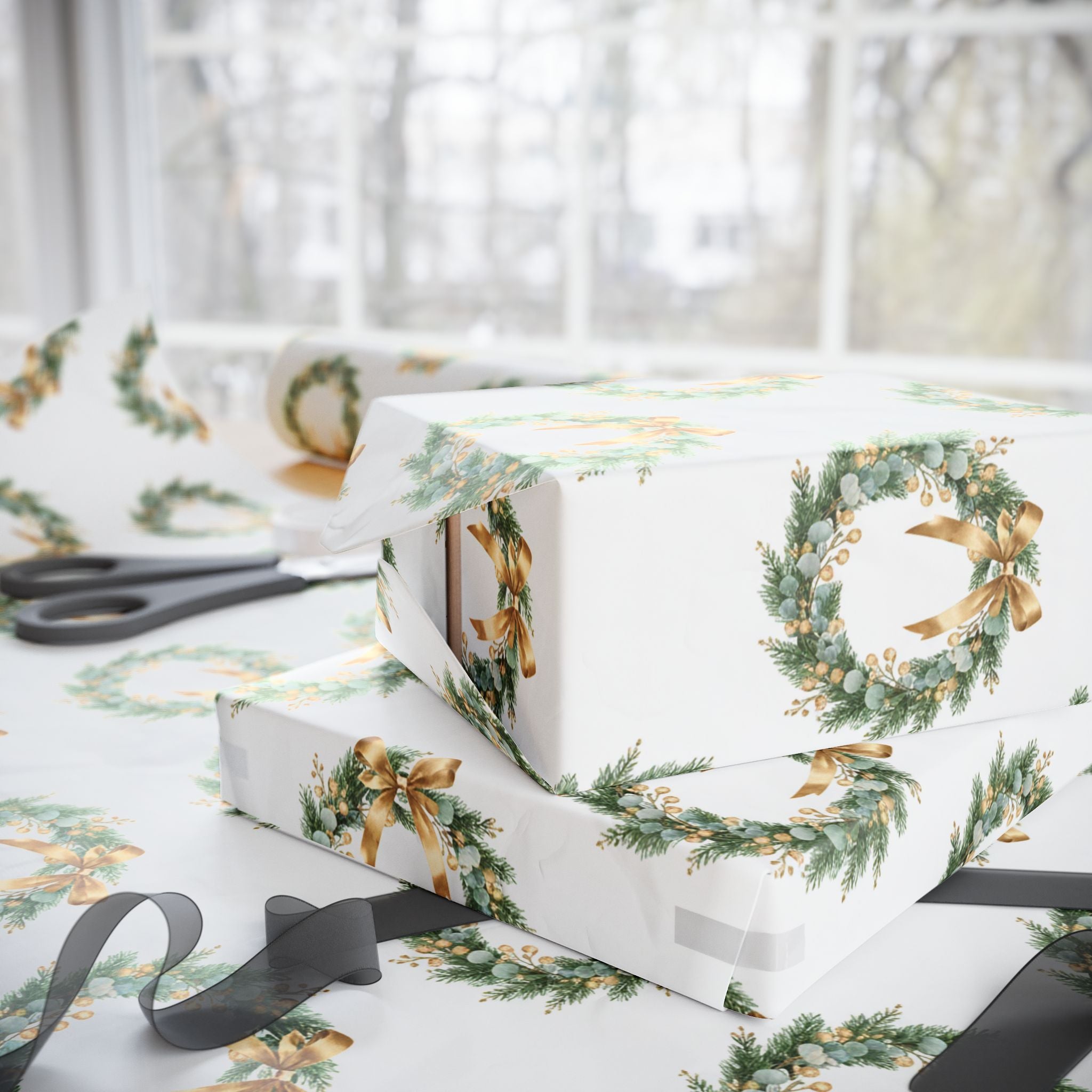Elegant Gold and Green Christmas Wreaths Wrapping Paper | Luxury Holiday Gift Wrap | Classy Winter Decor Pattern