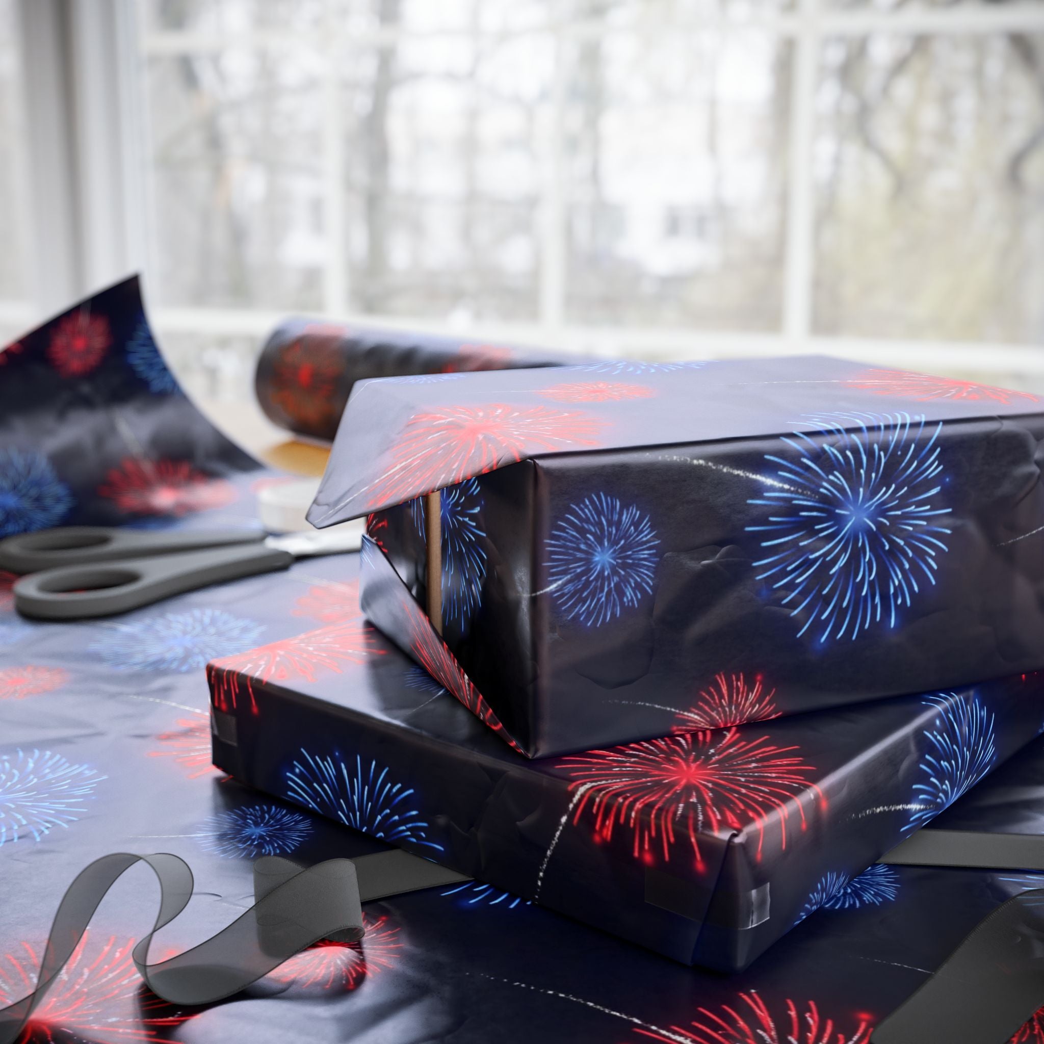 Red and Blue Fireworks Wrapping Paper | Patriotic Holiday Wrap